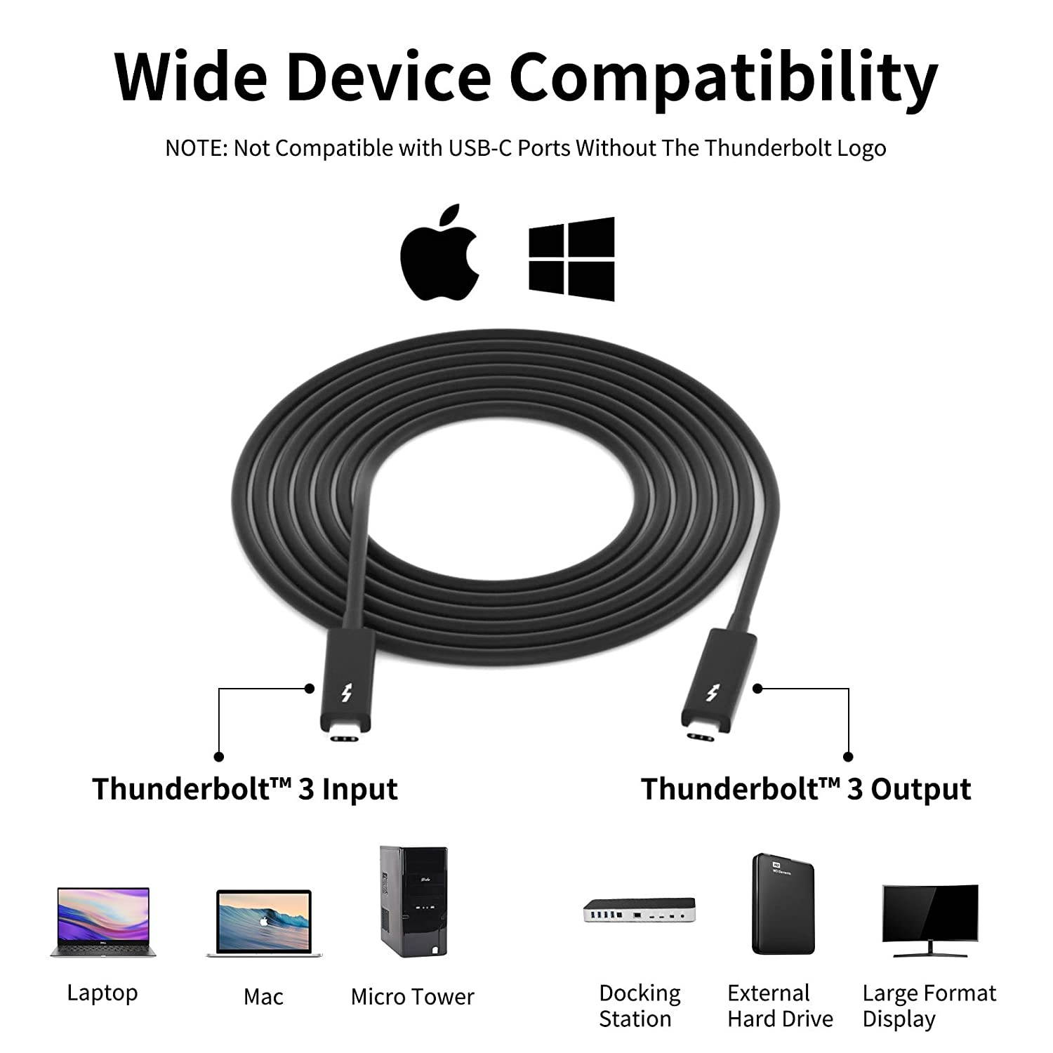 2M Active Thunderbolt 3 Cable 6.6FT BolAAzuL Thunderbolt 3 to Thunderbolt 3 TB3 Cable 40Gbps/100W/20V/5A Charging Support 5K@60Hz 4K@60Hz(Not Compatible with USB-C Ports Without The Thunderbolt Logo)