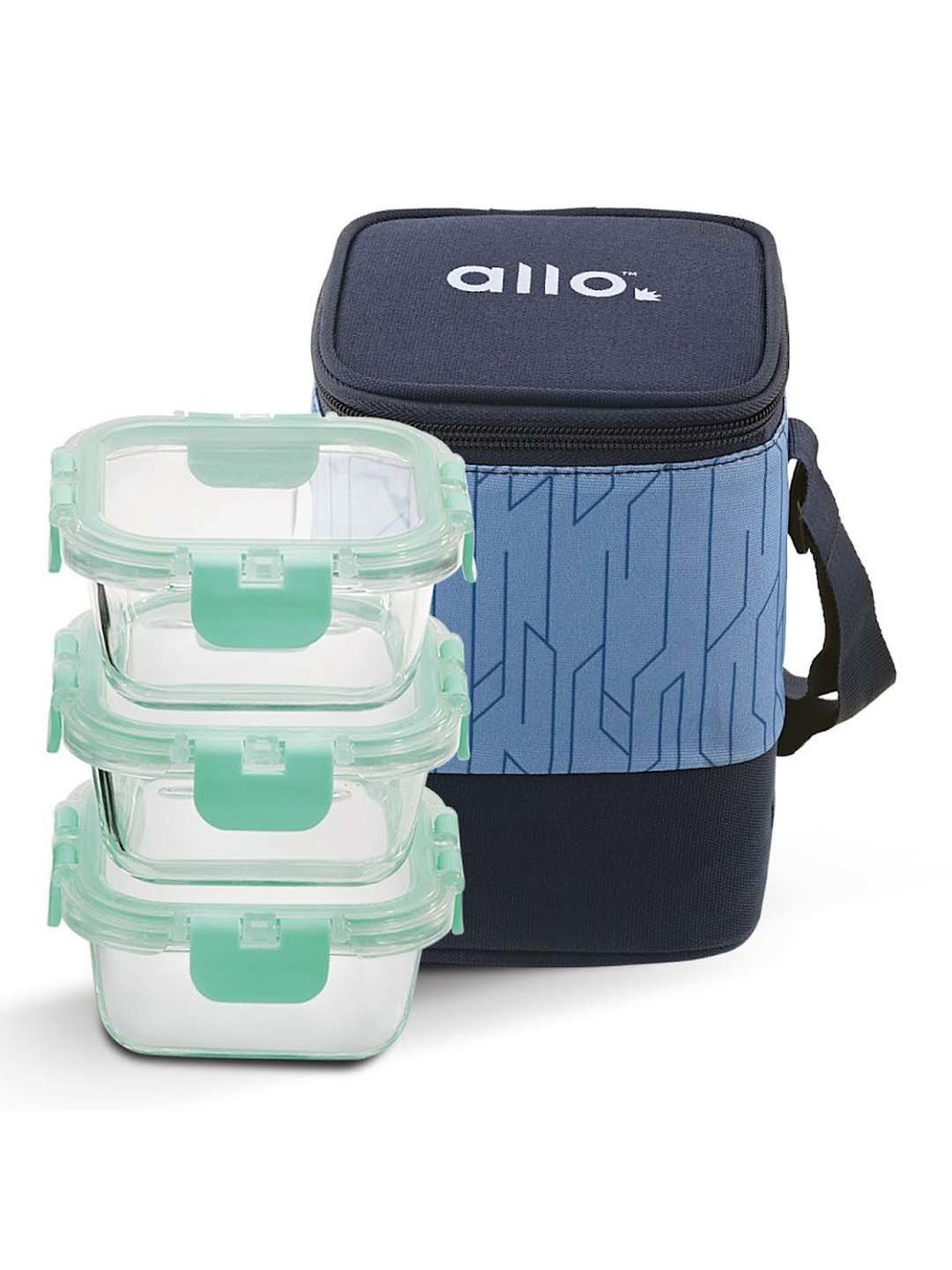 Allo Borosilicate Glass Lunch Box Microwave Oven Safe With Detachable Lock and Space Blue Tiffin Bag