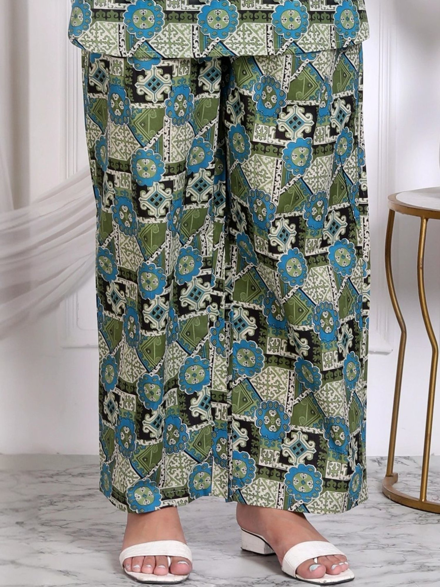 Kaftanize Green Geo Floral Printed Cotton Tunic with Pant