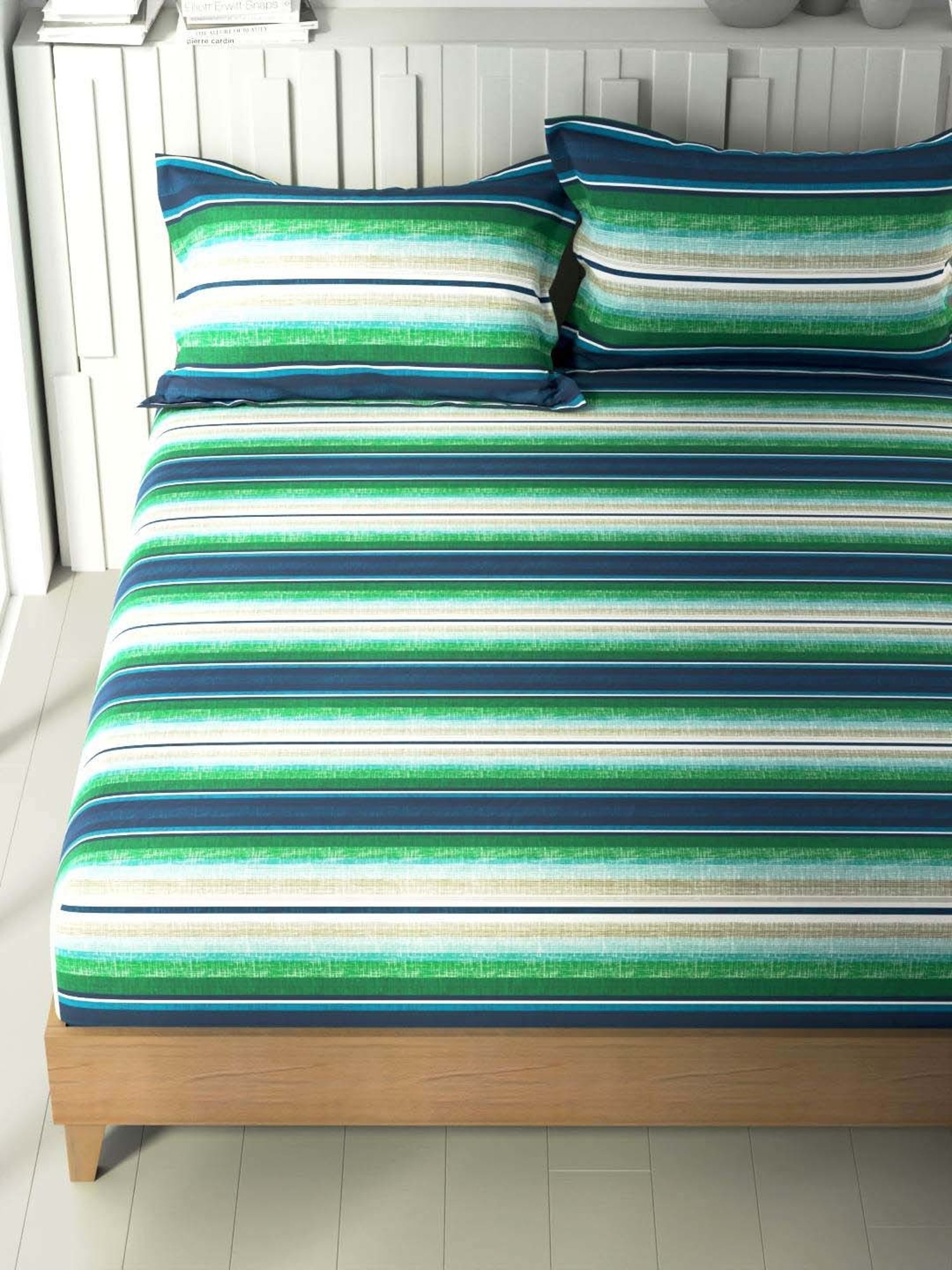 NAUTICA Ocean View Blue & Green Cotton 160 TC King Bedsheet with 2 Pillow Cover