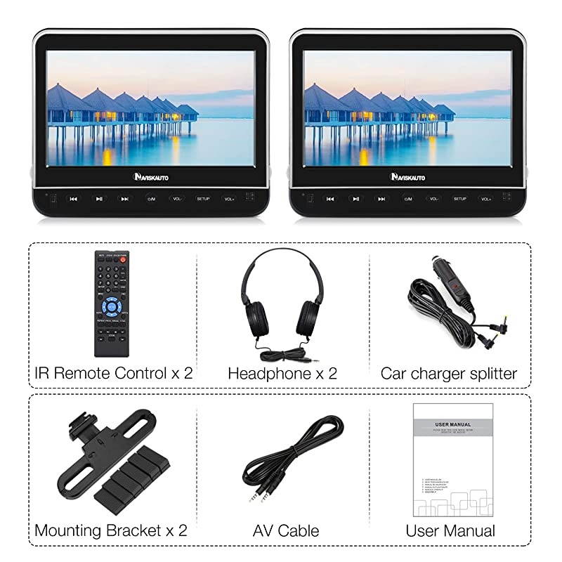 10.1" Dual Car DVD Players with HDMI Input 2 Headphones Mounting Bracket Support 1080P MP4 Video Region Free(2 x Headrest DVD Players)