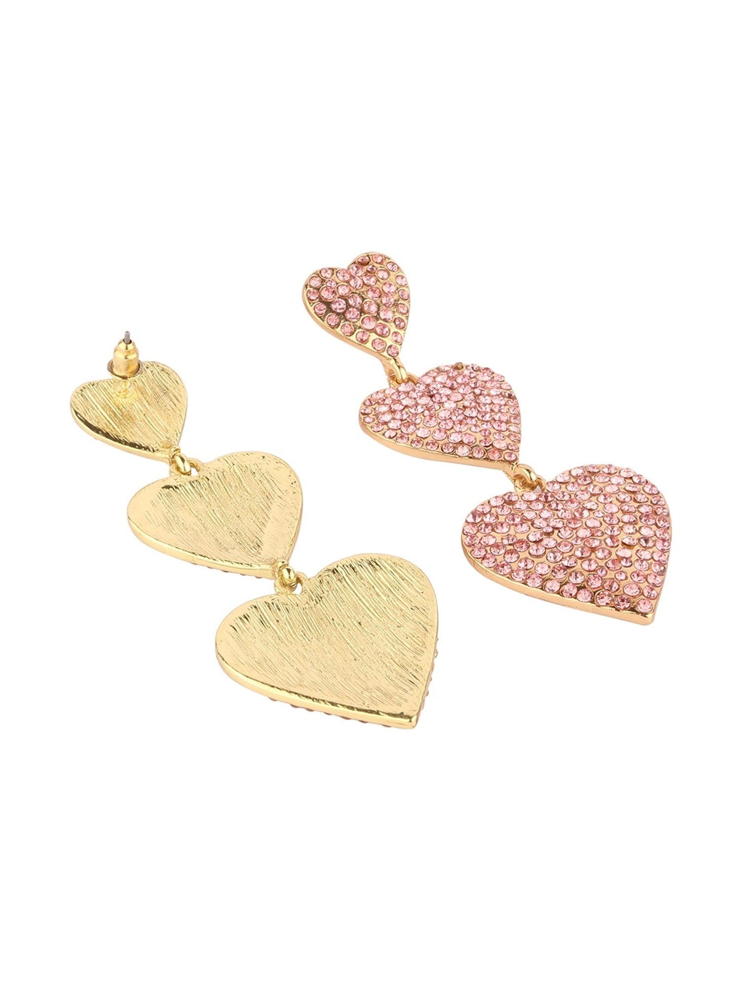 Lilly & Sparkle Gold-Toned Pink Stone Studded Triple Heart Dangler Earrings