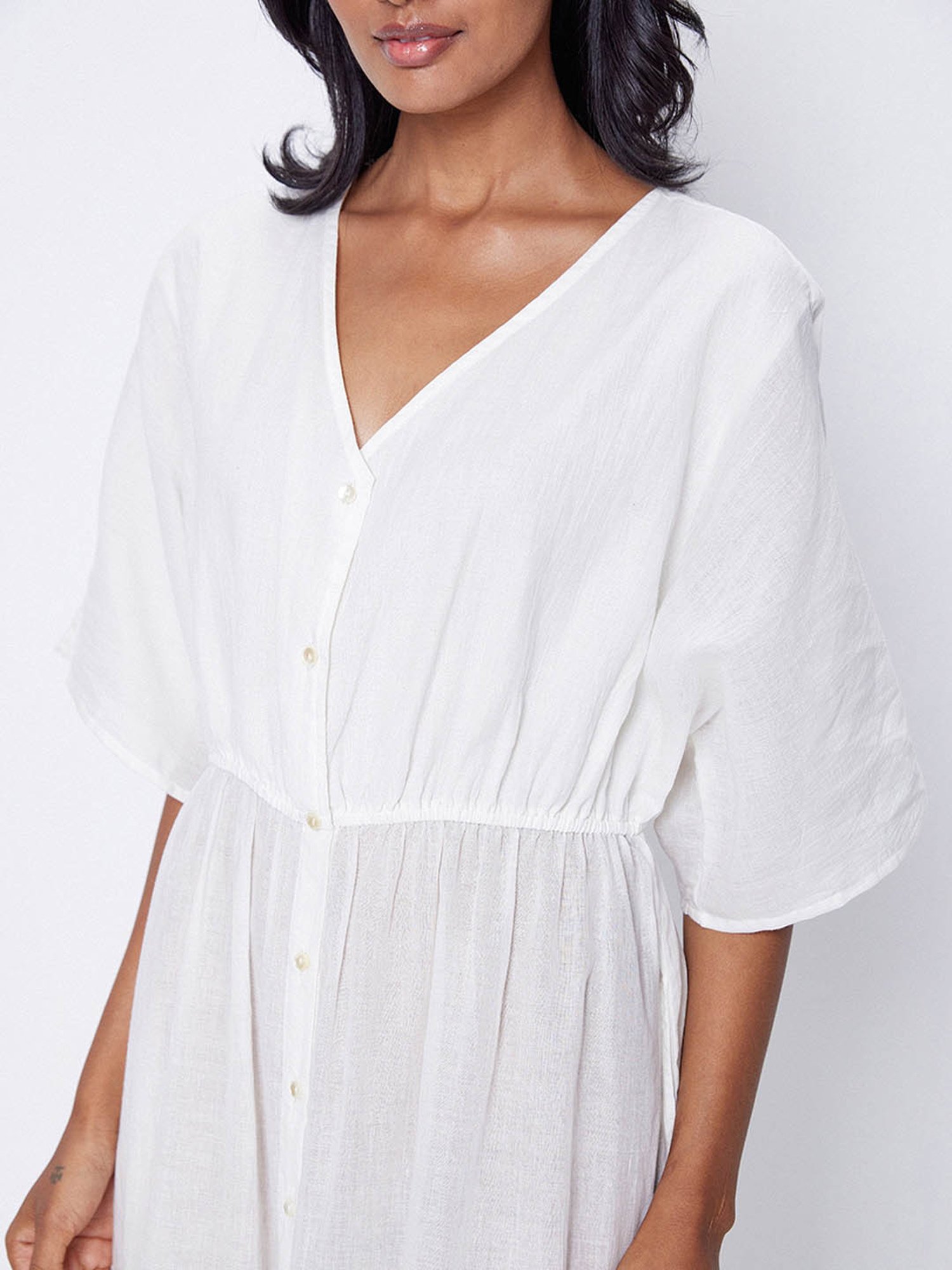 ANCESTRY White Cotton Printed Midi Dress