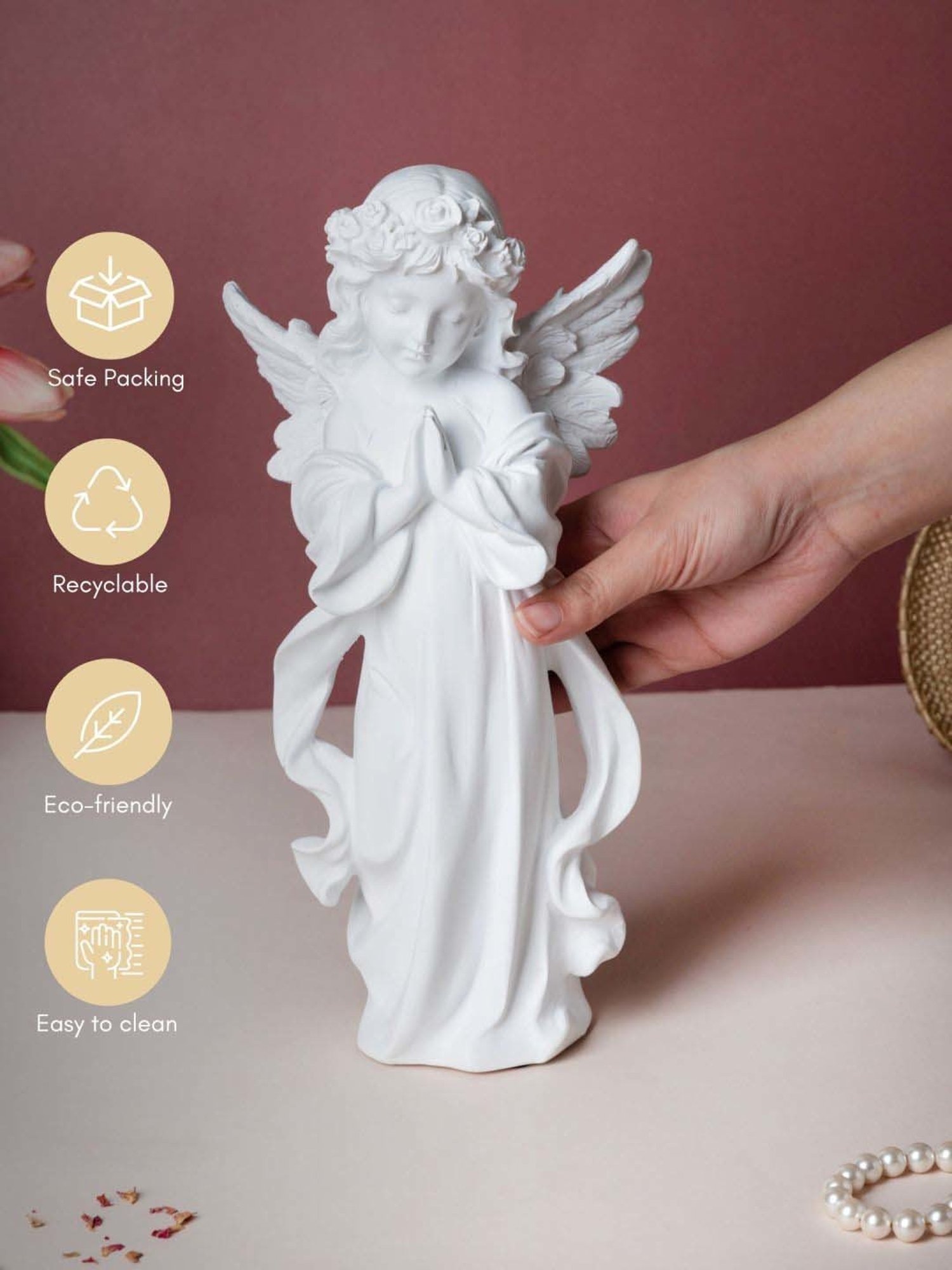 Nestasia White Praying Angel Statue with Wings and Smooth Finishing for Decoration & Gifting (11.8")