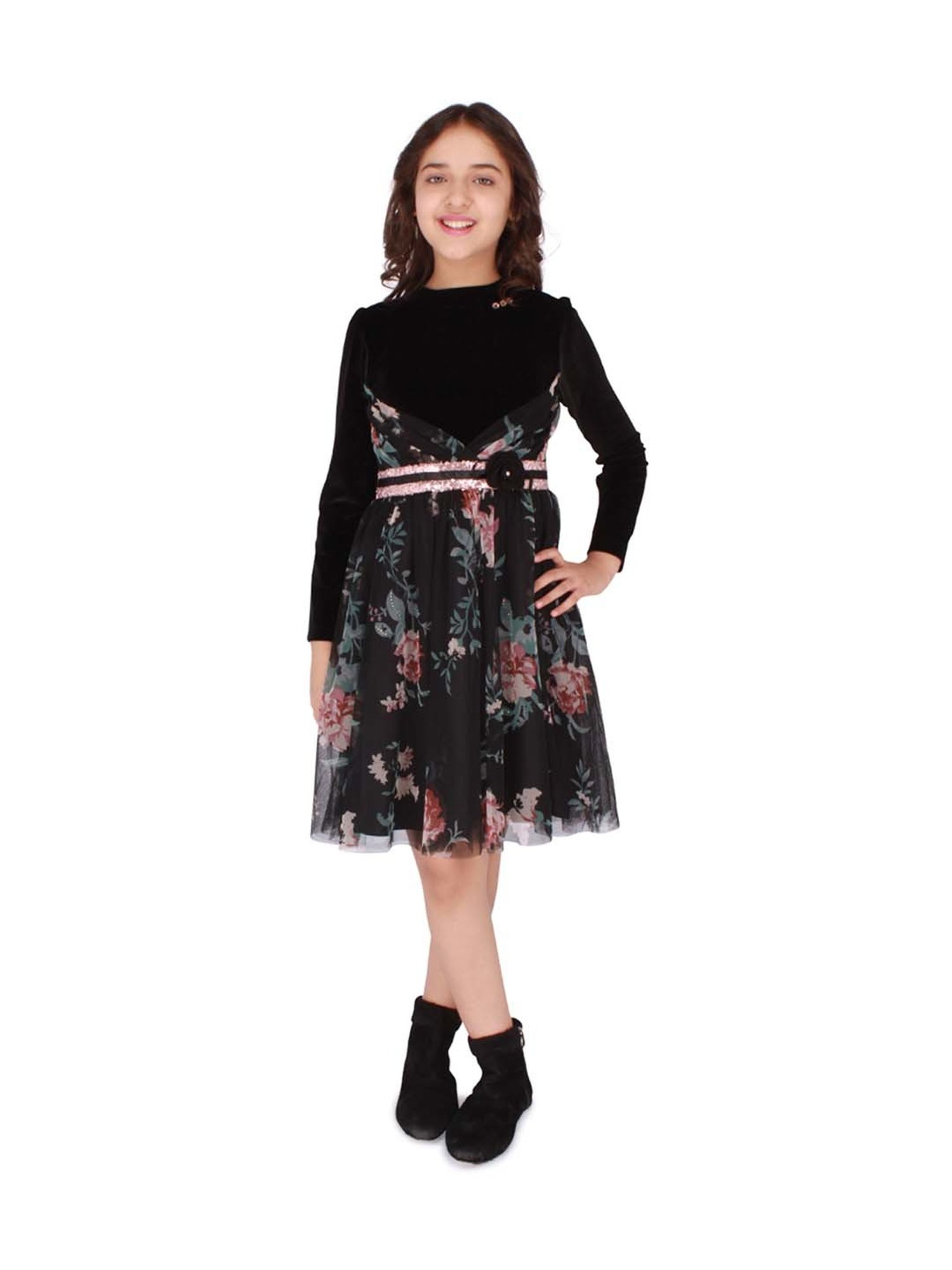 Cutecumber Kids Black Floral Print Full Sleeves Dress