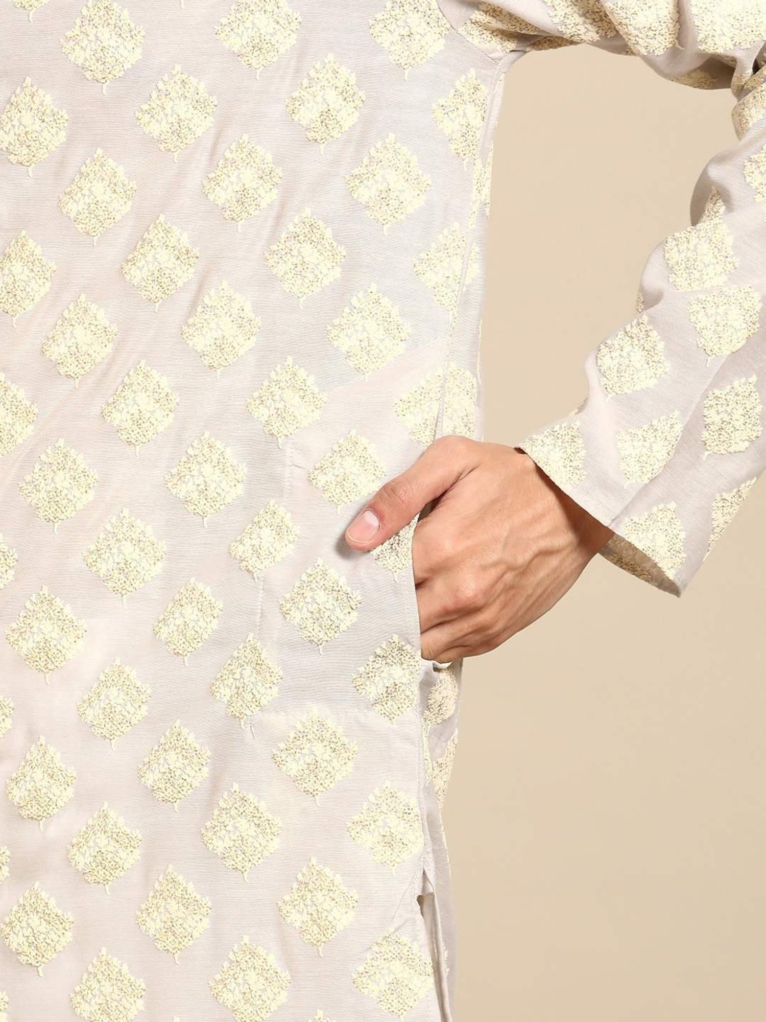 ManQ Grey & White Regular Fit Printed Kurta Bottom Set