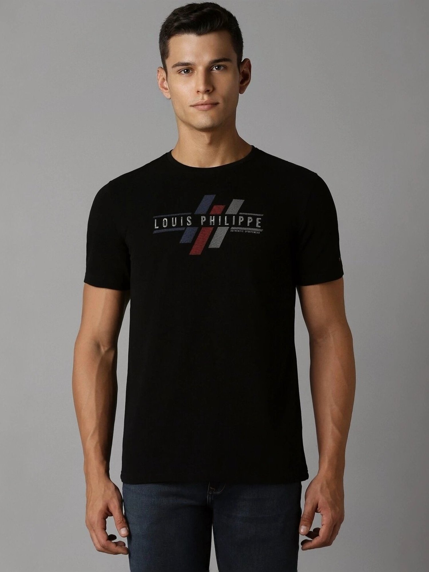 Louis Philippe Black Cotton Slim Fit Printed T-Shirt