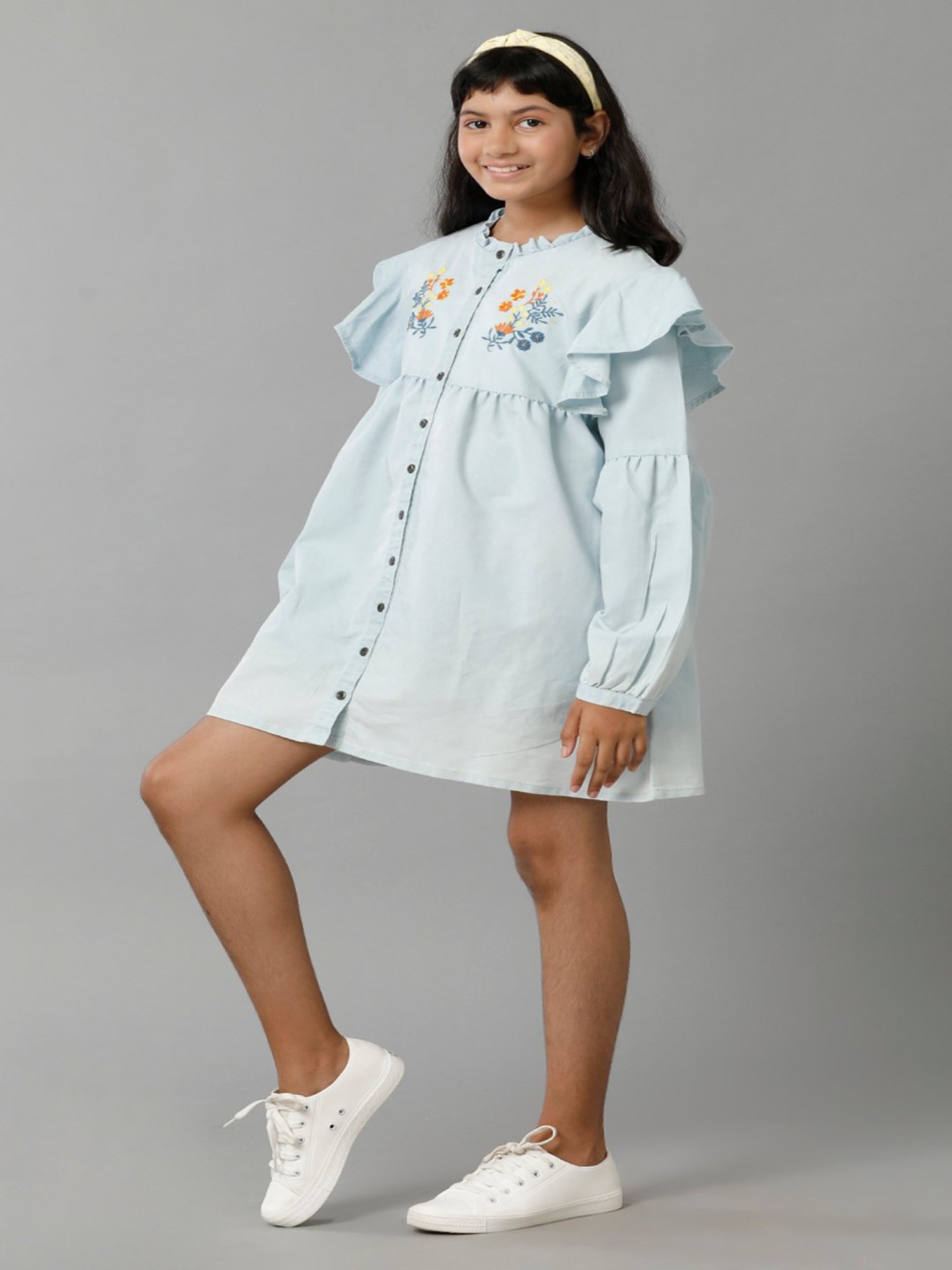 Under Fourteen Only Kids Blue Embroidered Full Sleeves Denim Dress