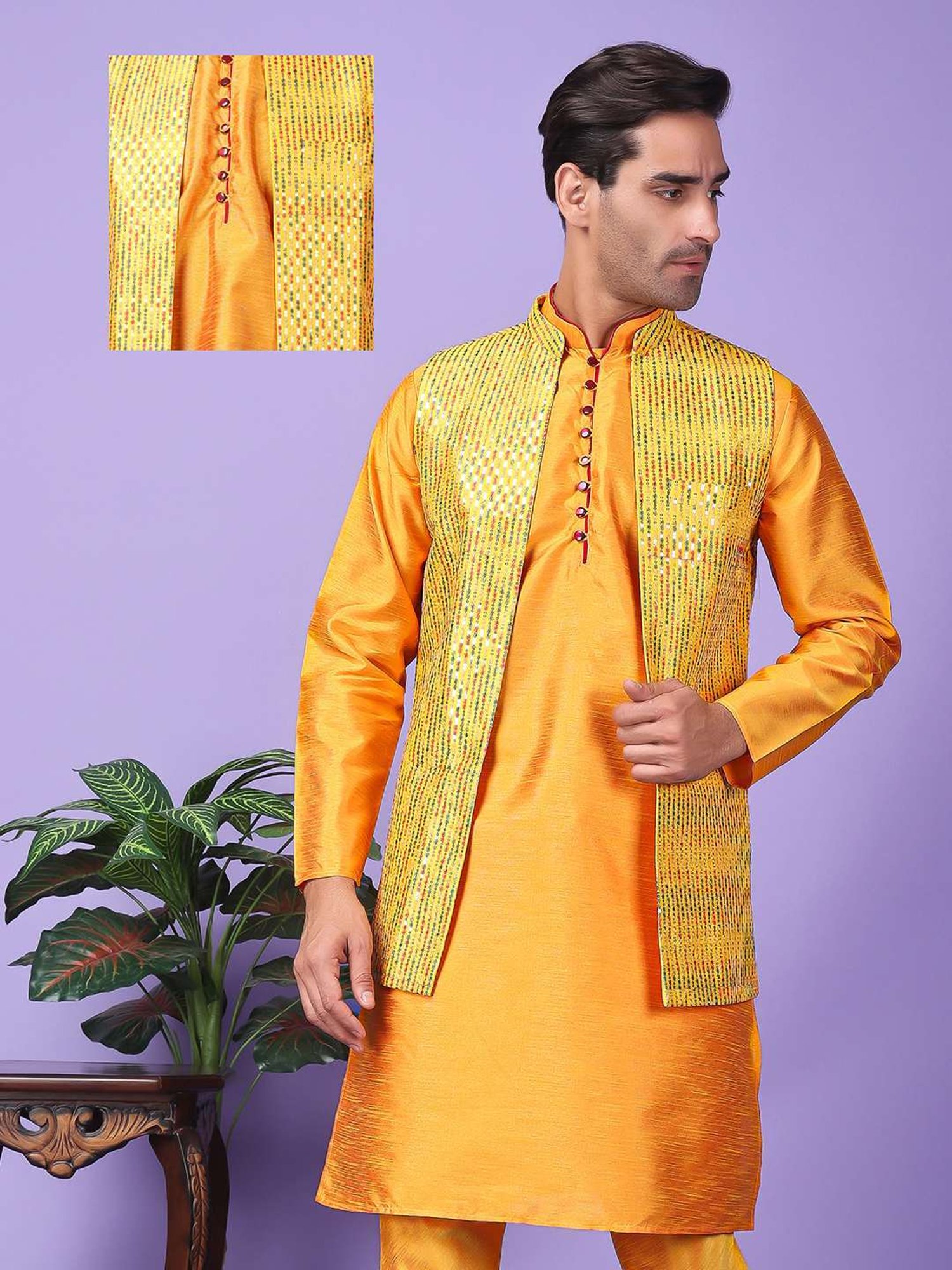 Hangup Yellow Regular Fit Embroidered Nehru Jacket