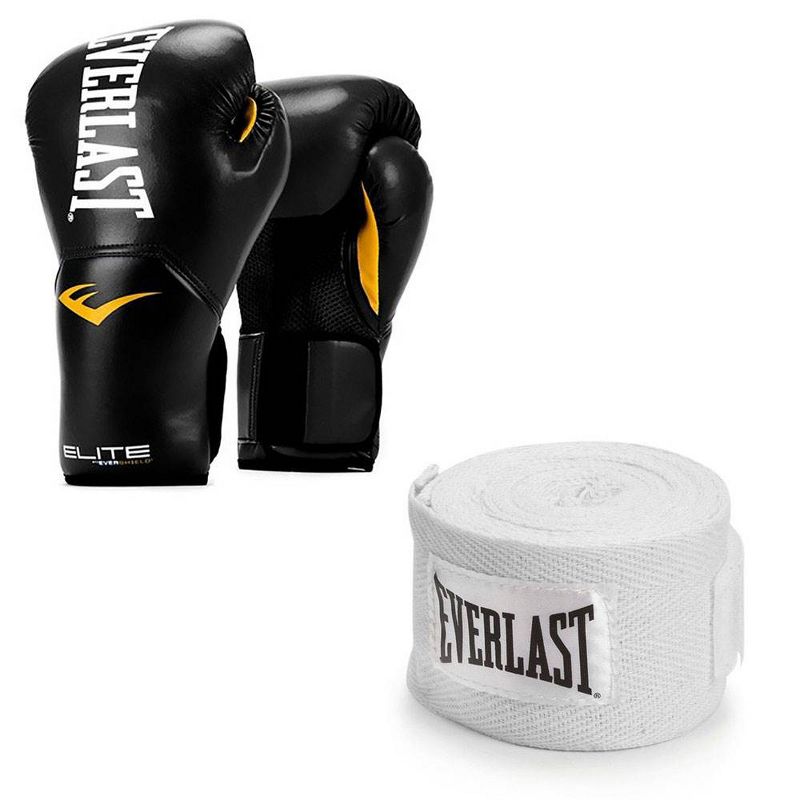 Everlast Black Elite Boxing Gloves 12 Ounce & White 120-Inch Hand Wraps