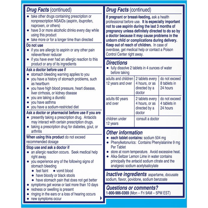 Alka Seltzer Antacid & Pain Relief Lemon Lime Tablets -Aspirin (NSAID)-36ct