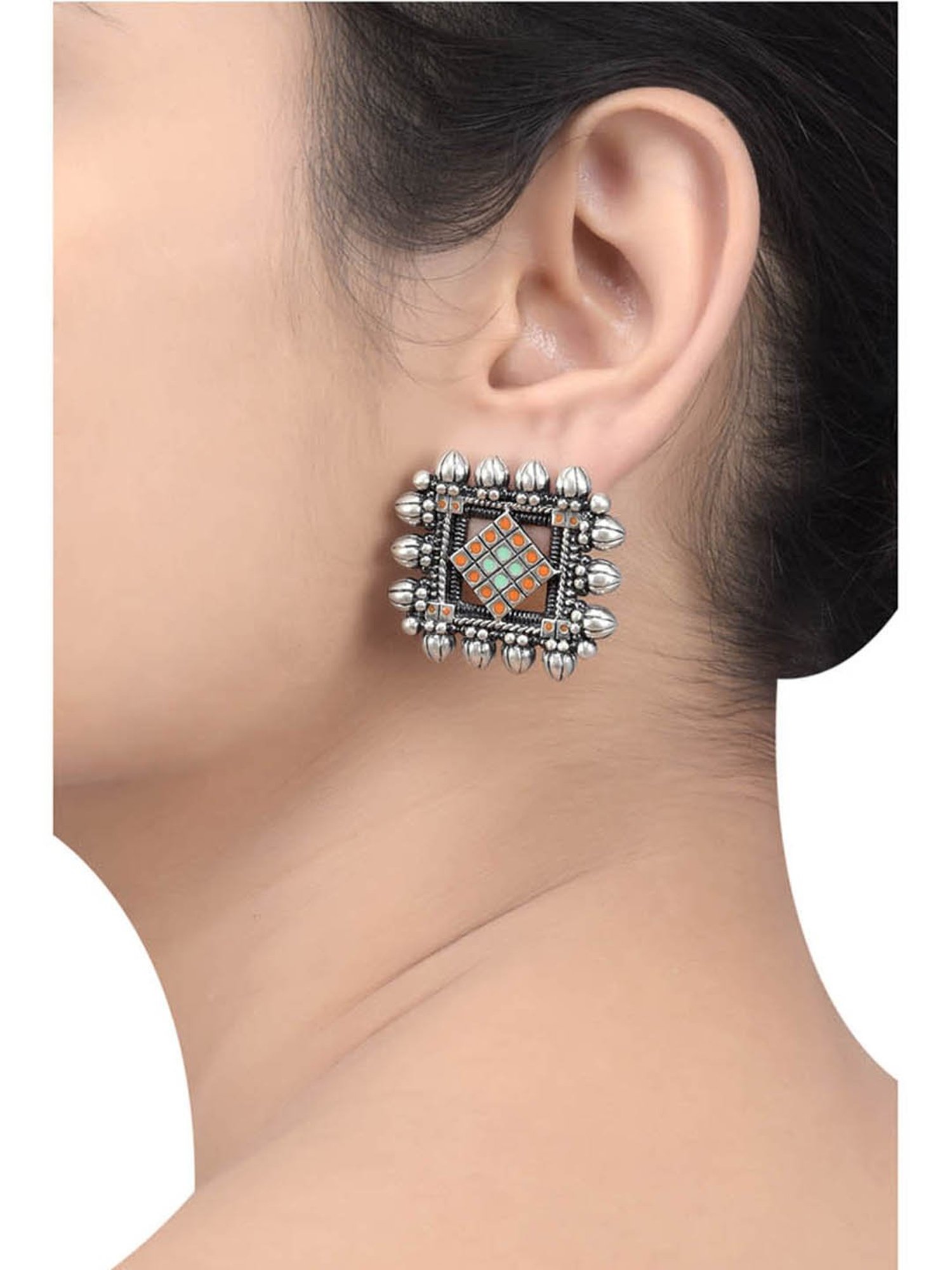 Tribe Amrapali Pink & Green Square Chandrika Stud Earrings