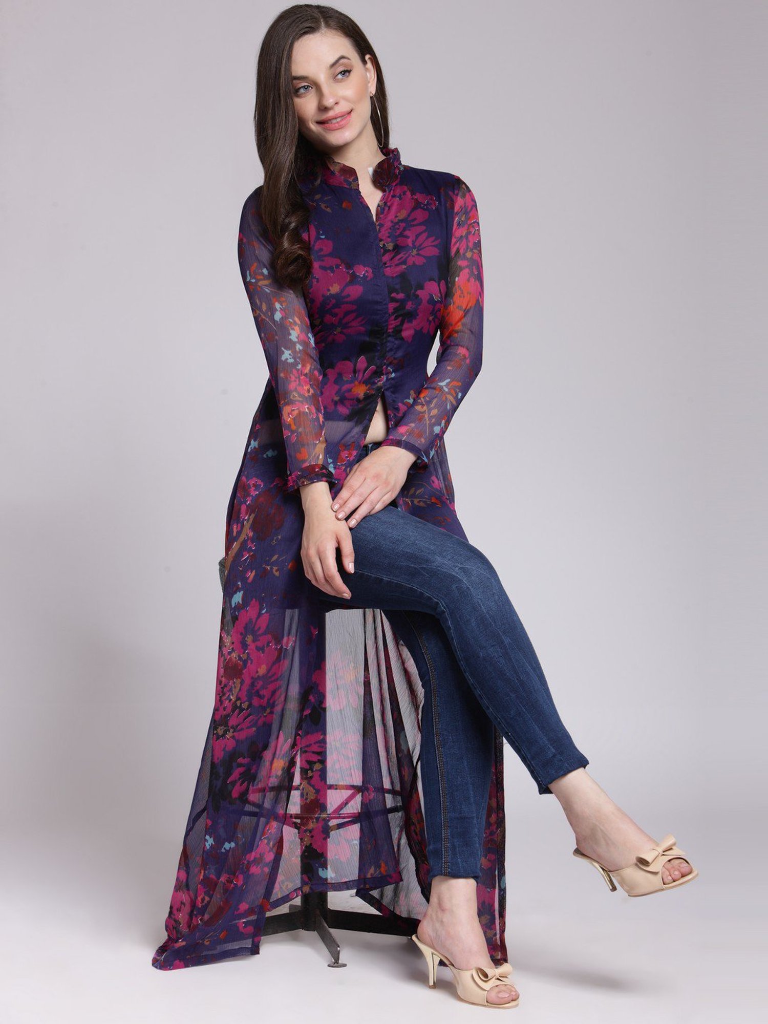 Scorpius Purple Floral Print Long Top