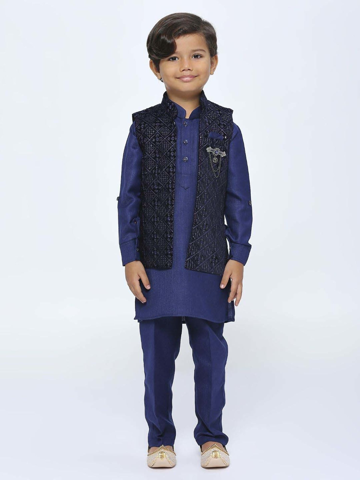 Kids Island Boys Blue Sequence Full Sleeves Kurta Set
