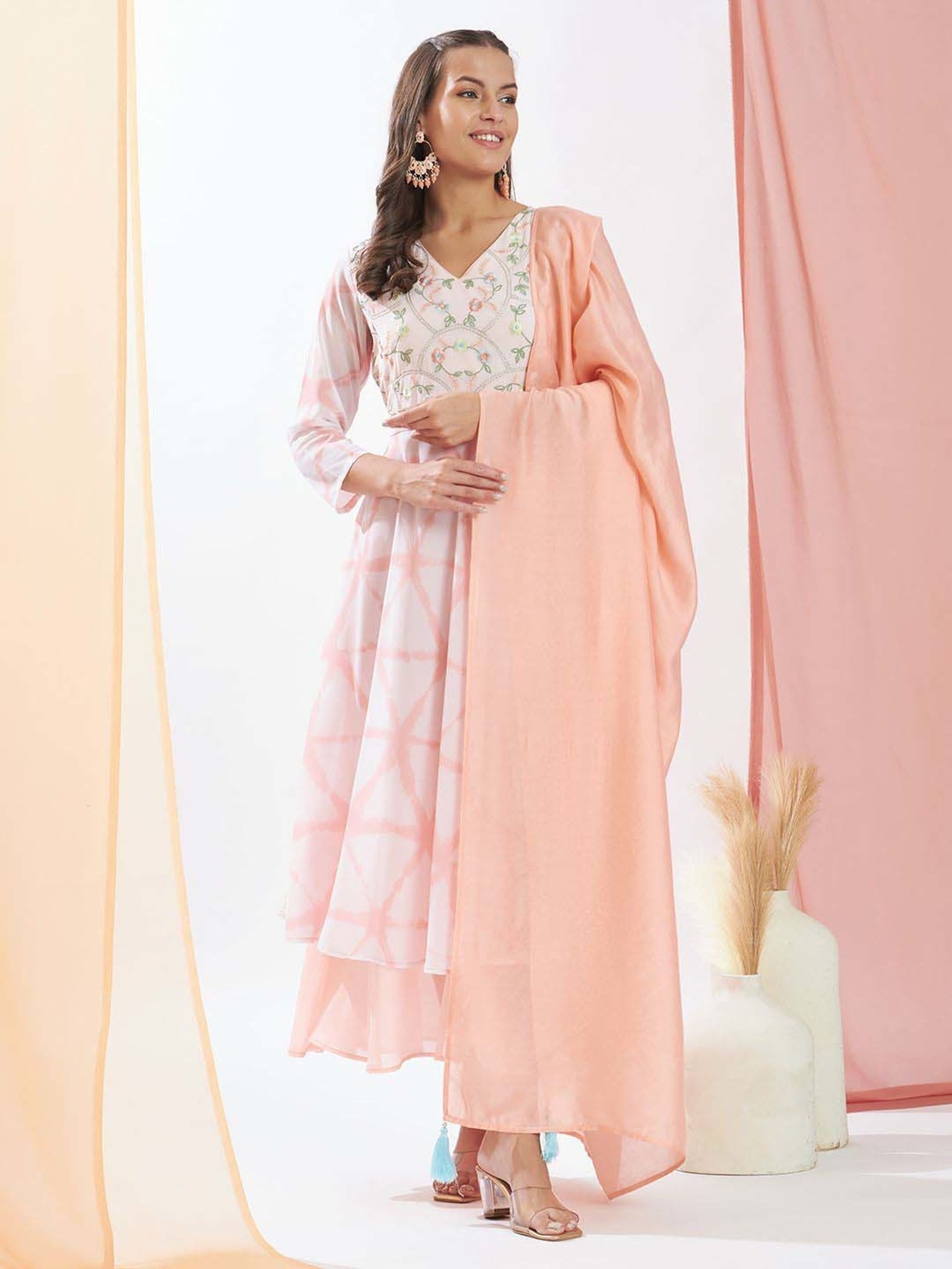 Heeposh Peach Printed Dress With Dupatta