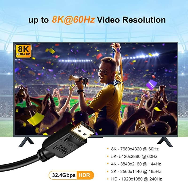 8K Displayport Cable 14 33ft DisplayPort to DisplayPort Cable DP to DP Cable Gold Plated with 8K60Hz 4K144Hz 2K165Hz Video Resolution amp HDR Support 1M Black