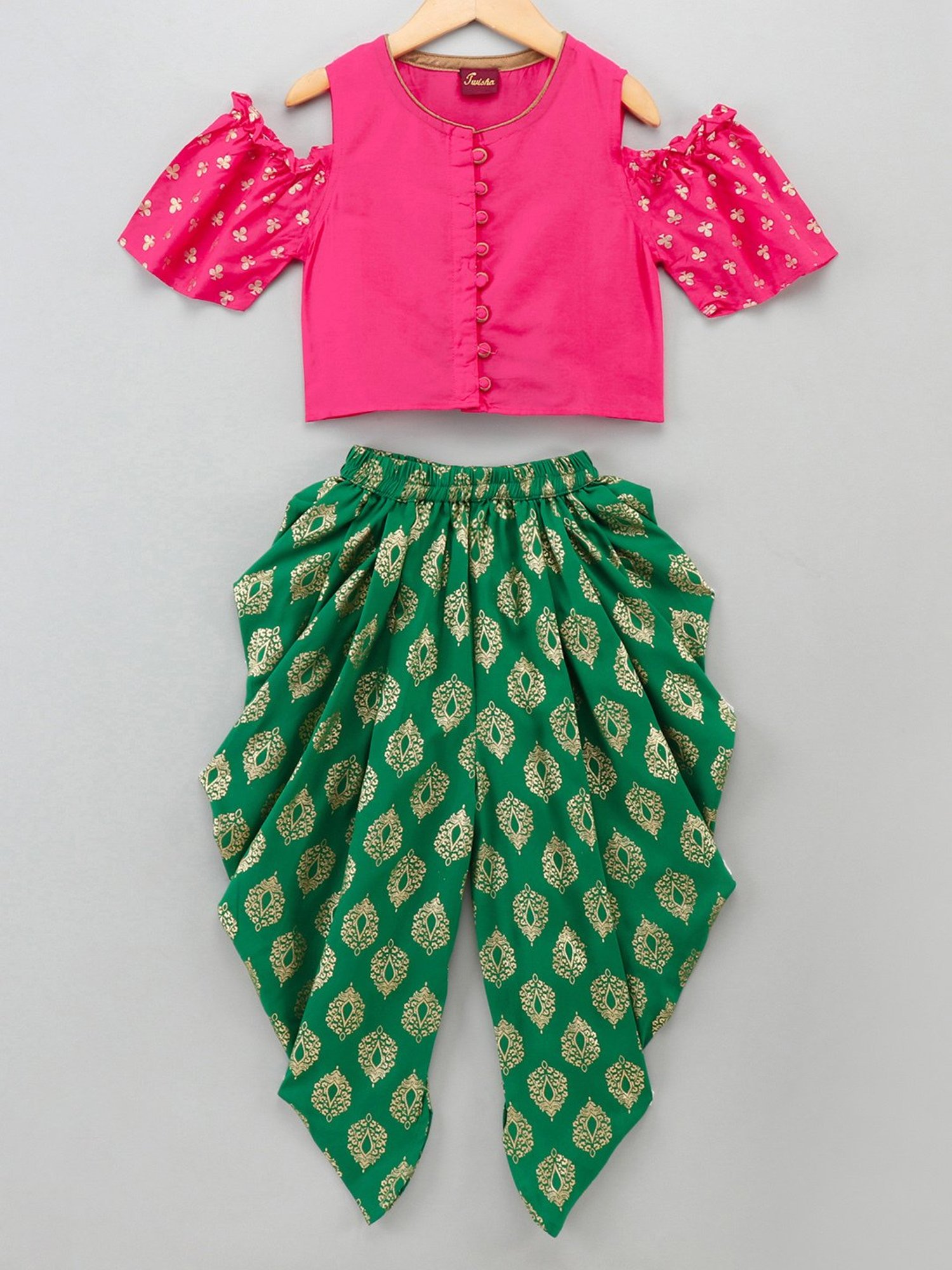 TWISHA Kids Pink & Green Printed Top with Dhoti