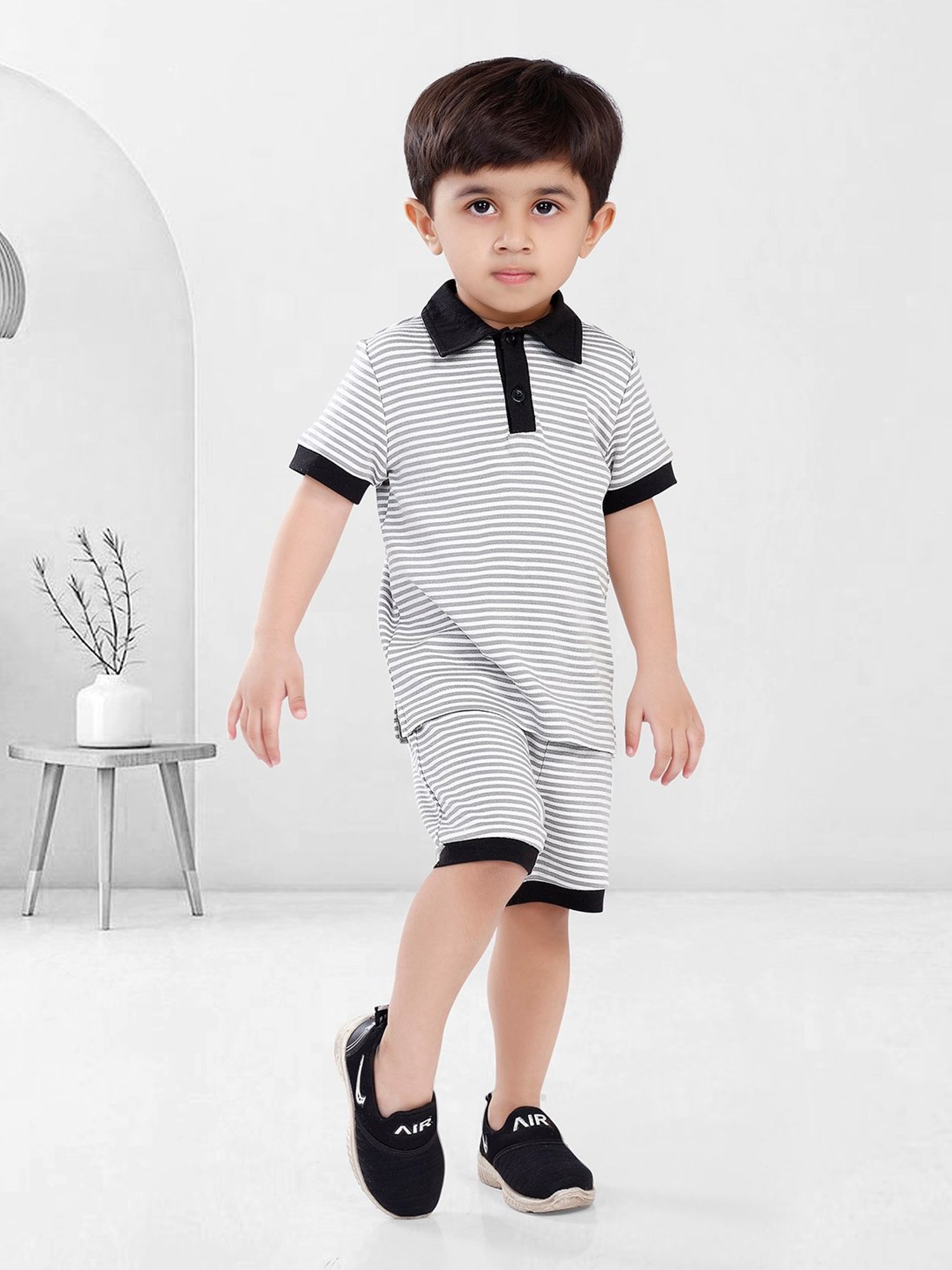 Nino Bambino Kids Grey & White Striped Polo T-Shirt with Shorts