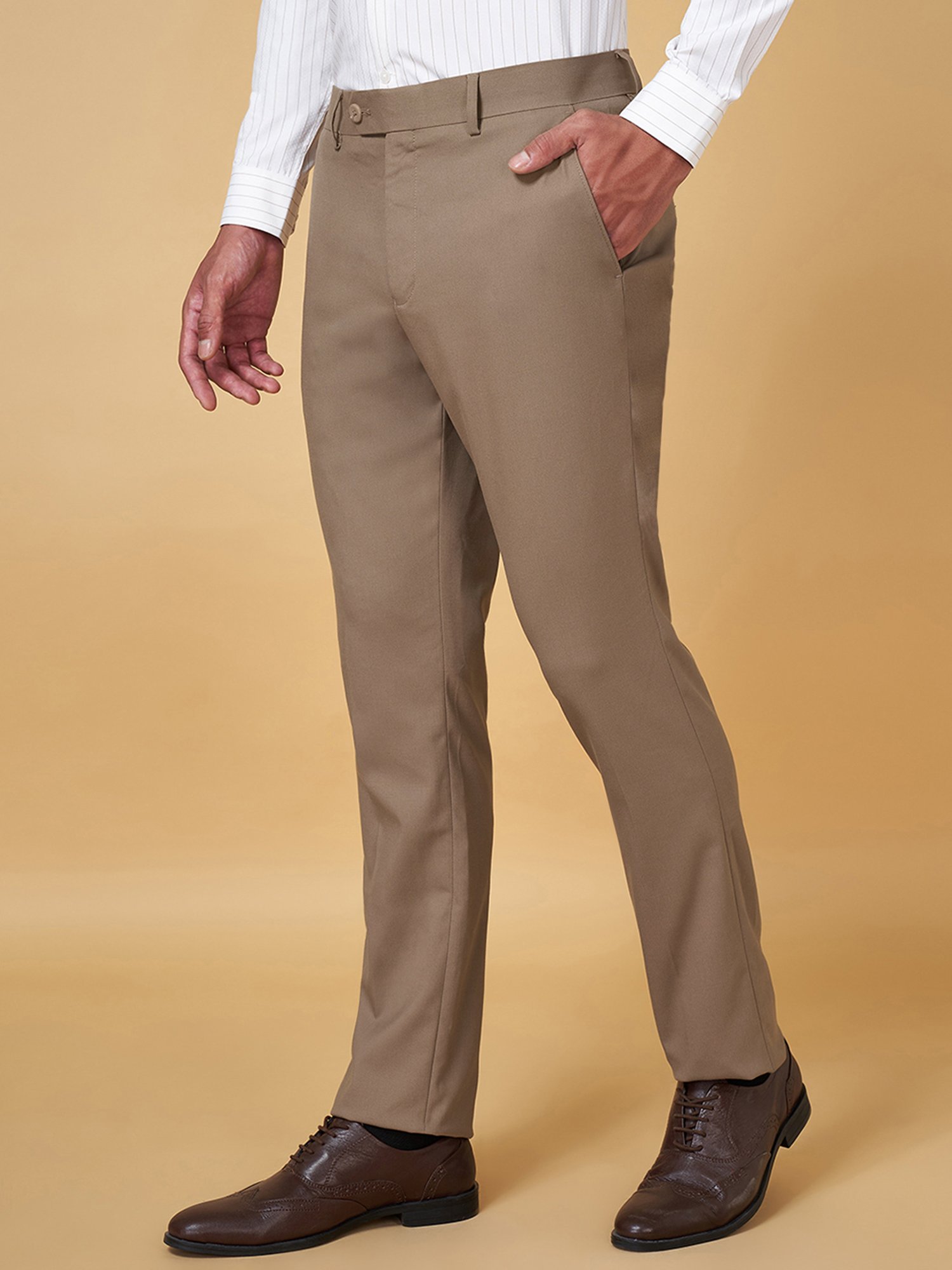 Byford by Pantaloons Tan Slim Fit Flat Front Trousers
