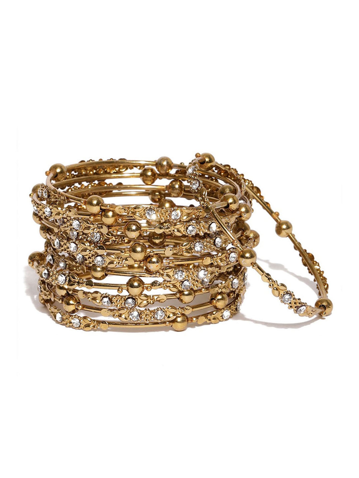 Fida Gold-Plated & White Kundan-studded & Beaded Bangles for Women - Set of 12