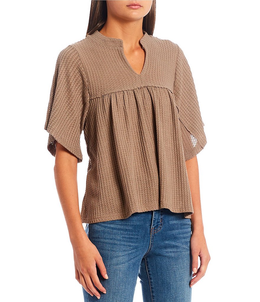 Honey & Sparkle Flutter Sleeve Waffle Knit Top