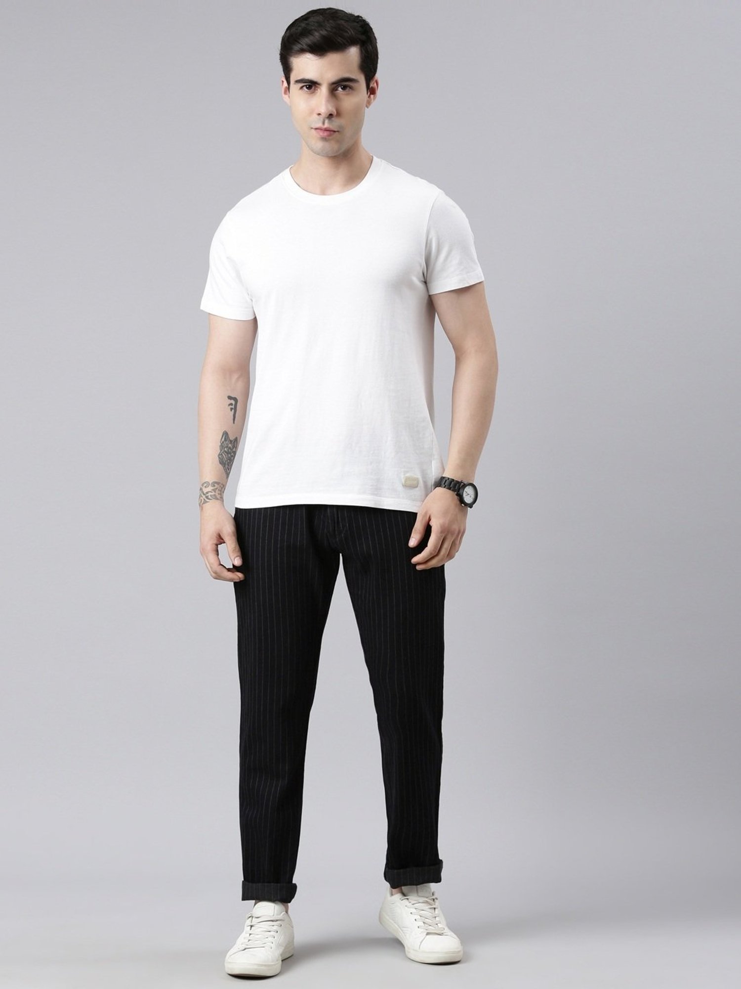 CINOCCI Black Cotton Straight Fit Striped Trousers