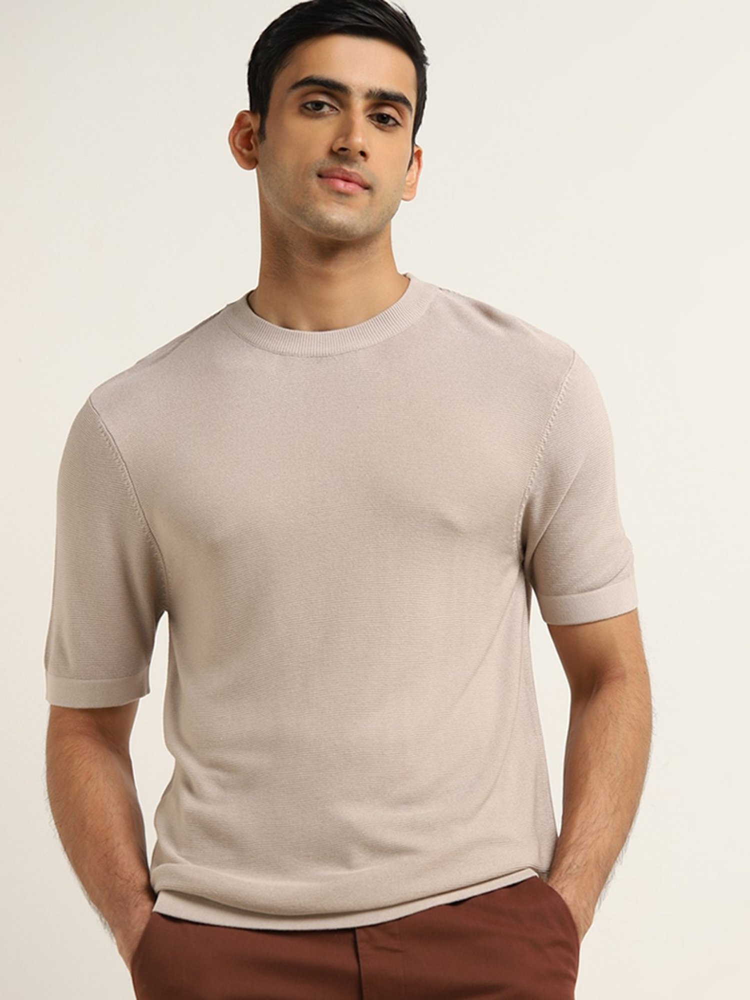 Ascot by Westside Beige Solid Relaxed Fit T-Shirt
