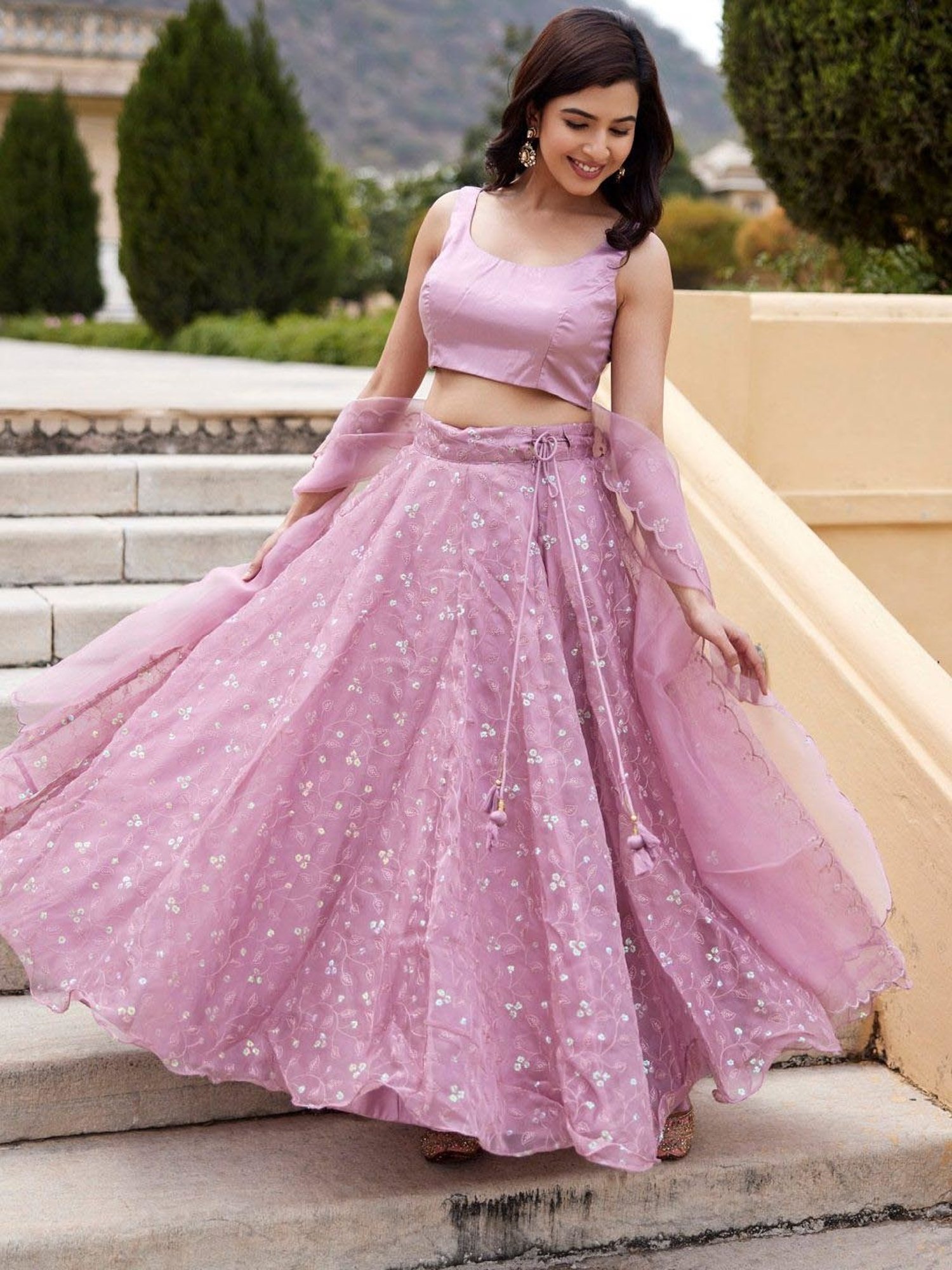 Geroo Jaipur Onion Pink Sequins Embroidery Organza Lehenga Set