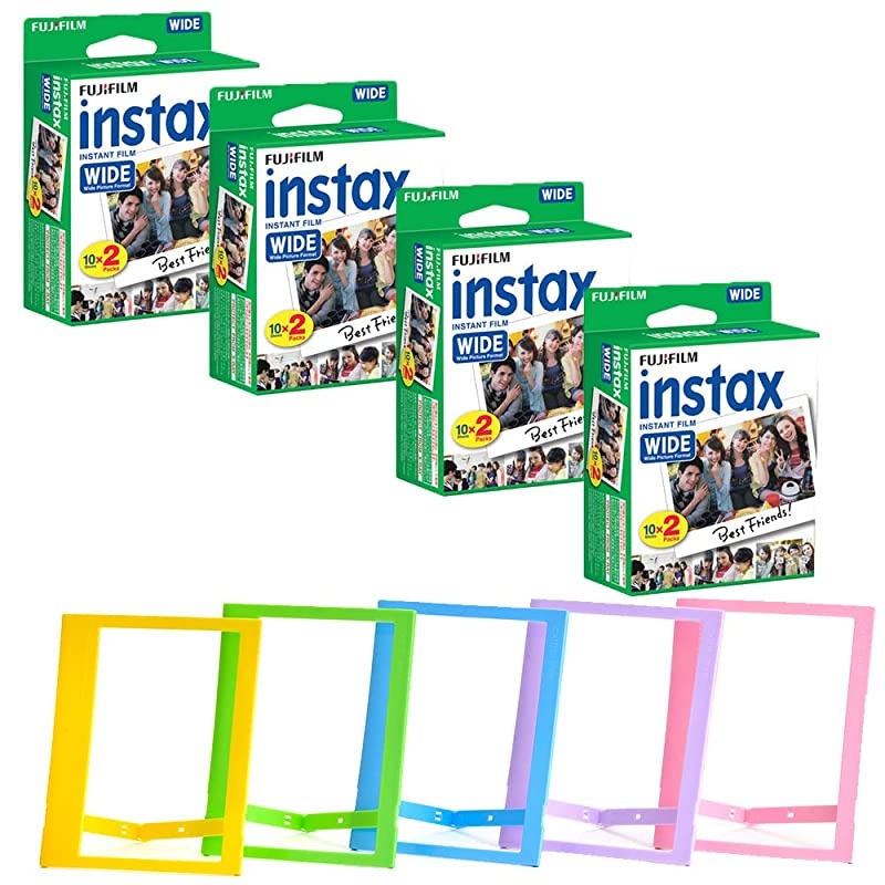 INSTAX Wide Instant Film + Plastic Photo Frames (Blue, Green, Pink, Yellow & Purple &ndash; Deluxe Bundle (80 Film)