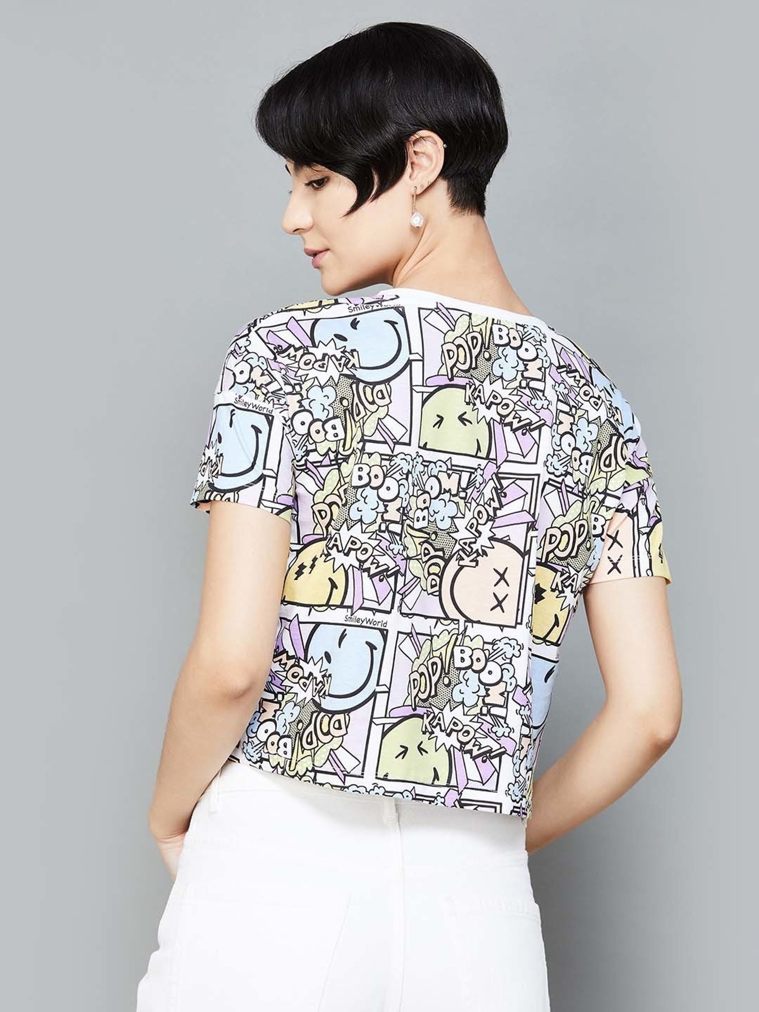 SmileyWorld Multicolored Cotton Printed Crop T-Shirt