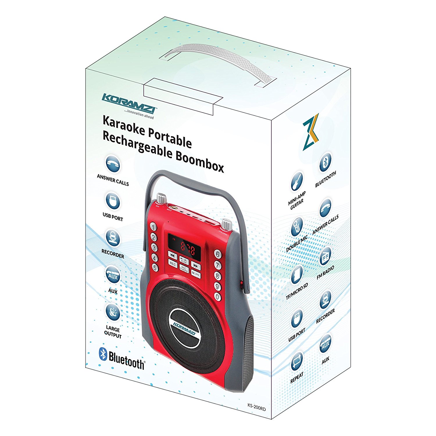 KORAMZI  Karaoke Portable Rechargeable Boombox with Bluetooth, FM Radio, AUX In (Red) KS-200RD