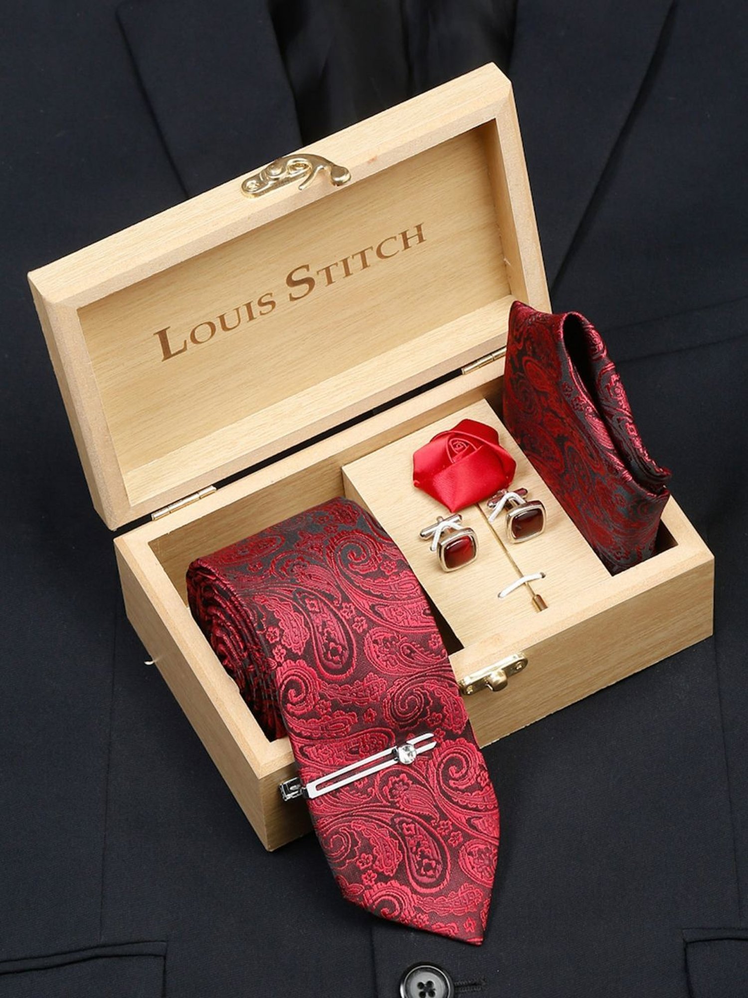 Louis Stitch Red Printed Necktie Gift Set - Set of 5