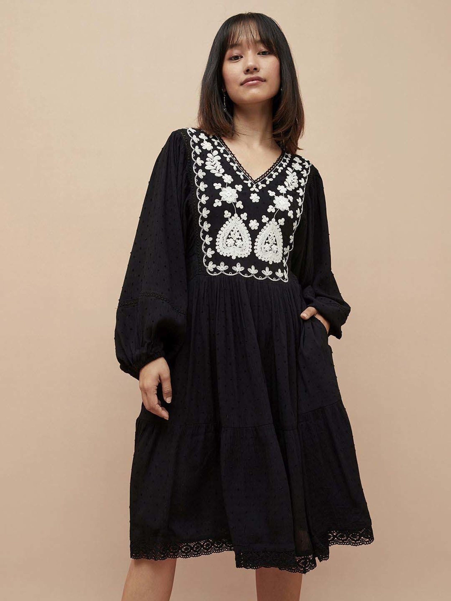 Colour Me by Melange Black Embroidered A-Line Dress
