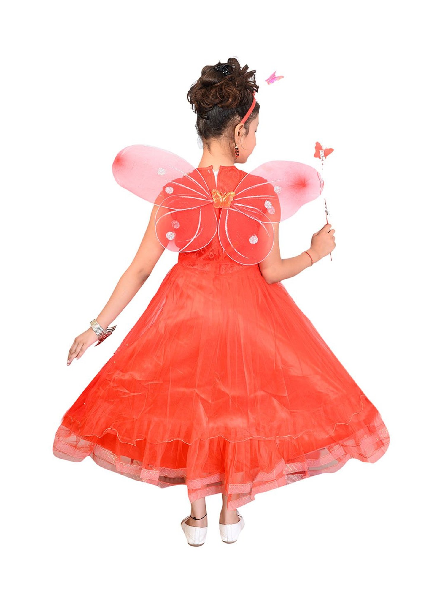 Ahhaaaa Kids Red Embellished Dress, Wings, Hair Band with Fairy Stick