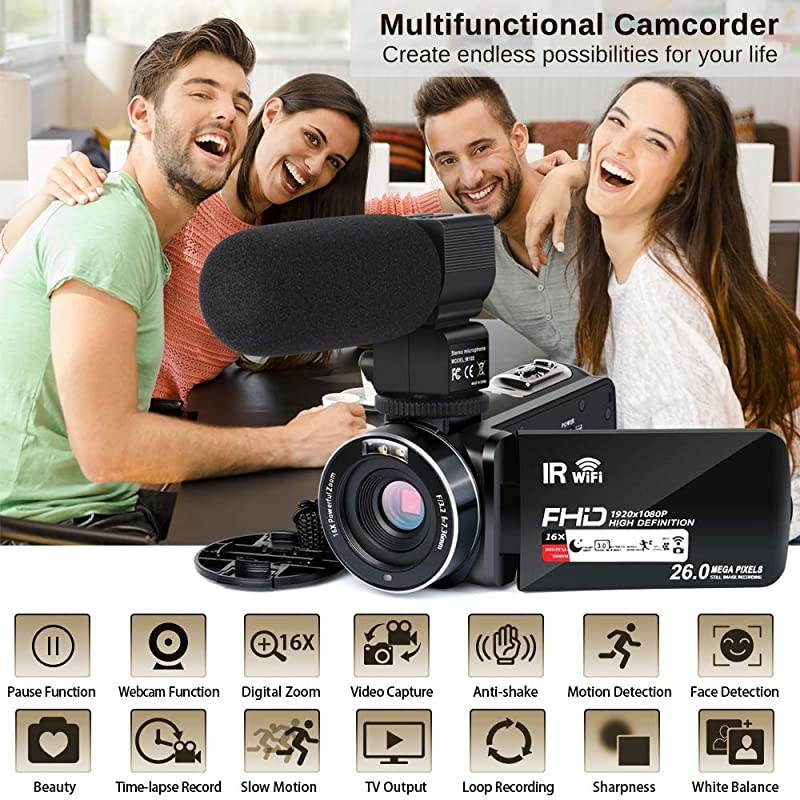 Camera Camcorder WiFi IR Night Vision FHD 1080P 30FPS 26MP YouTube Vlogging Camera Recorder 3" Touch Screen 16X Digital Zoom Digital Camera with Microphone Remote Control