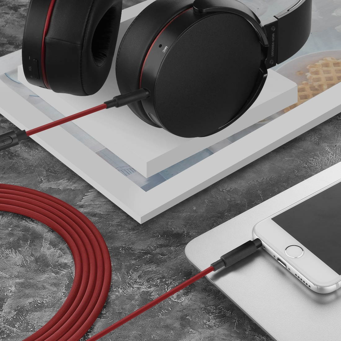 Geekria QuickFit Audio Cable with Mic for SONY MDR-XB950BT, XB650BT, WH-XB900N, WH-H900N, WH-H800 Headphones Cable, 3.5mm Replacement Stereo Cord with Microphone and Volume Control (Red 5.6FT)