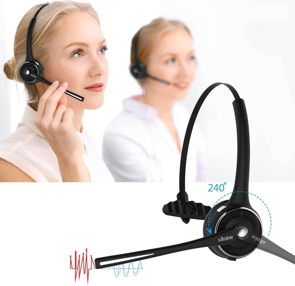 Trucker Bluetooth Headset Wireless Headset with MicrophoneCharging StationNoise Cancelling Hands Free Phone Headset for Truck Driver Call Center Office PC Skype