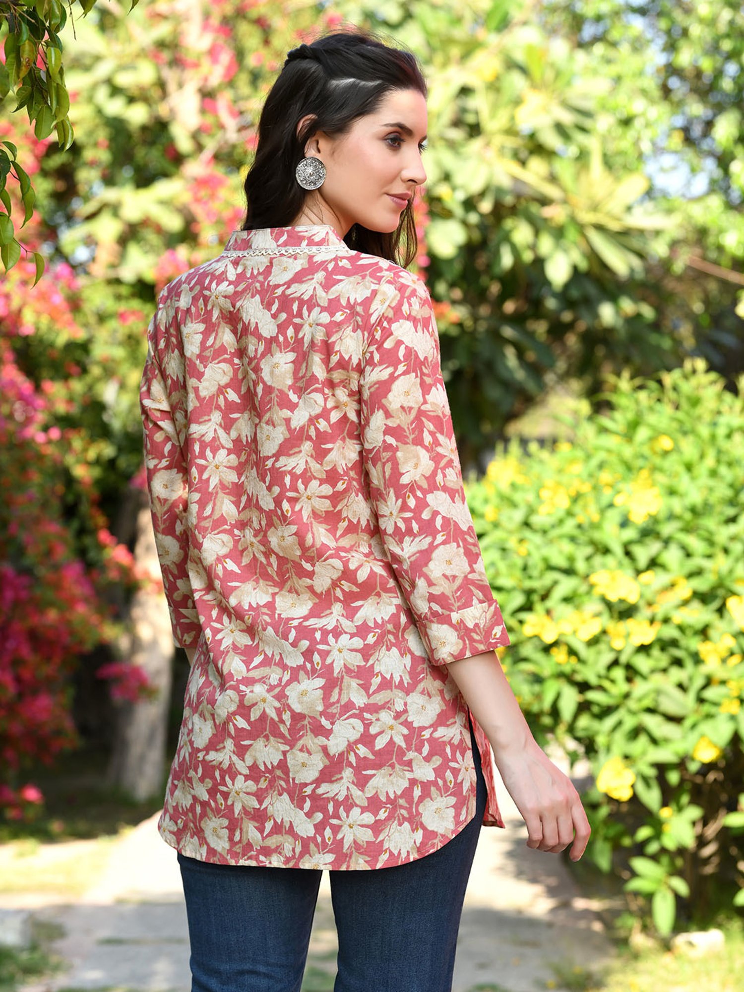 DECKEDUP Peach & Beige Cotton Floral Print Tunic