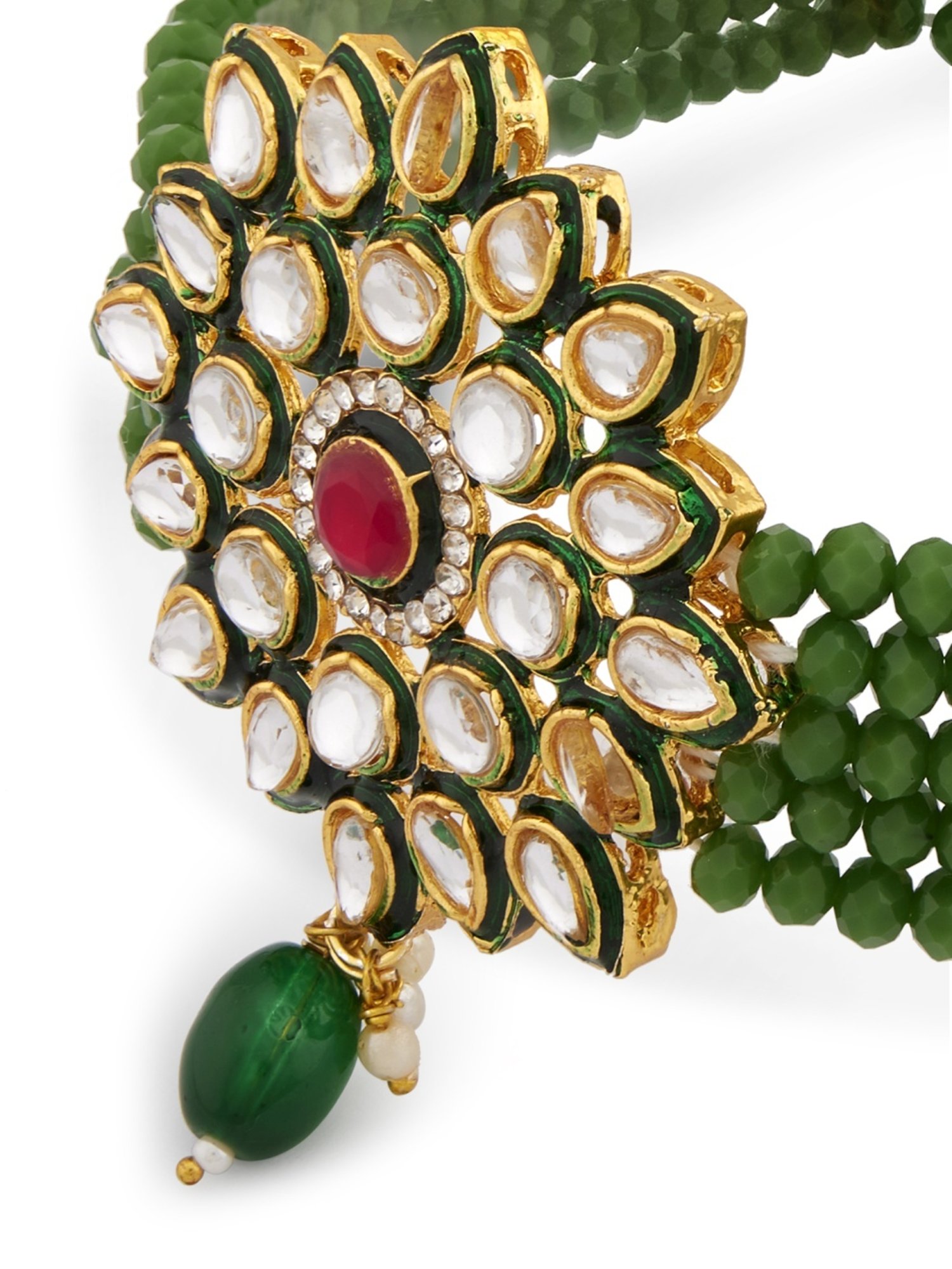 Zaveri Pearls Green Multistrand Beaded Kundan Necklace, Earring, Maangtikka & Ring Set
