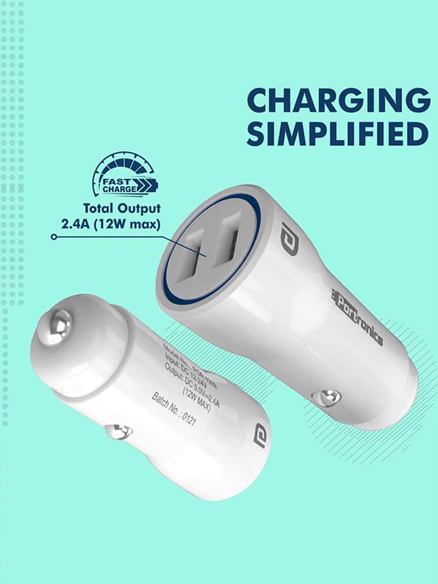 Portronics Car Power 2D POR-1269 2.4A Car Charger with Dual USB Ports (White)