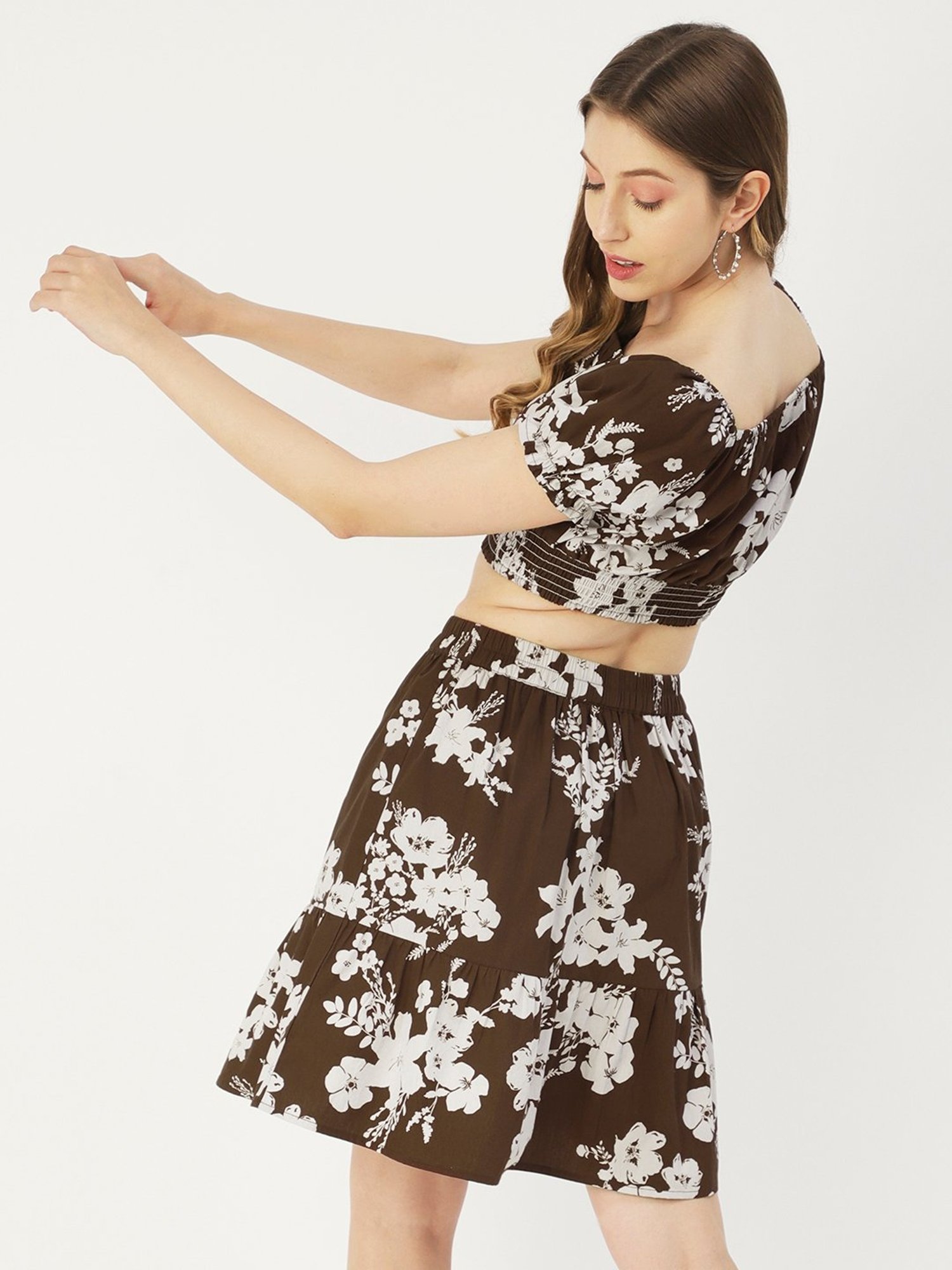 Moomaya Brown & White Floral Print Crop Top With Skirt