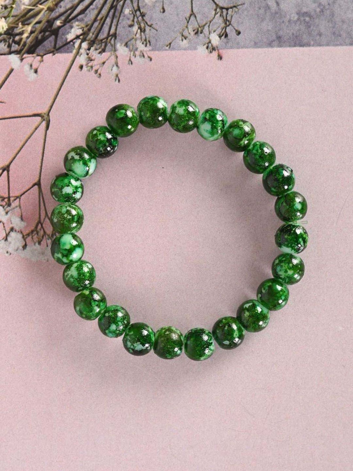 NVR Green Marble Crystal Beaded Elasticated Bracelet for Unisex