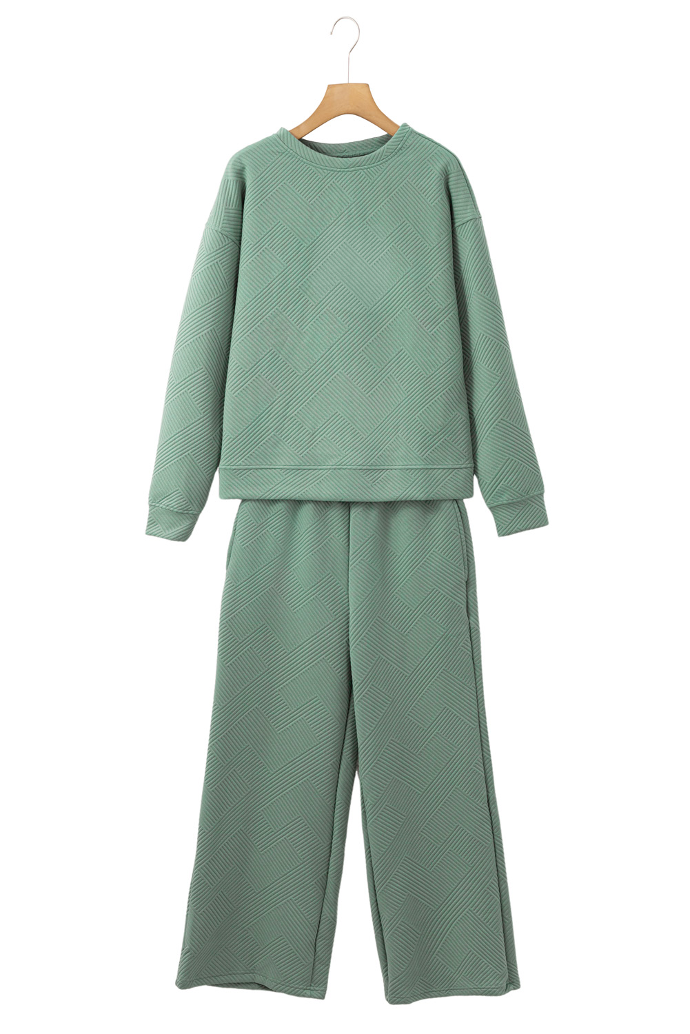 Green Solid Color Quilted Long Sleeve Top and Wide Leg Pants Set