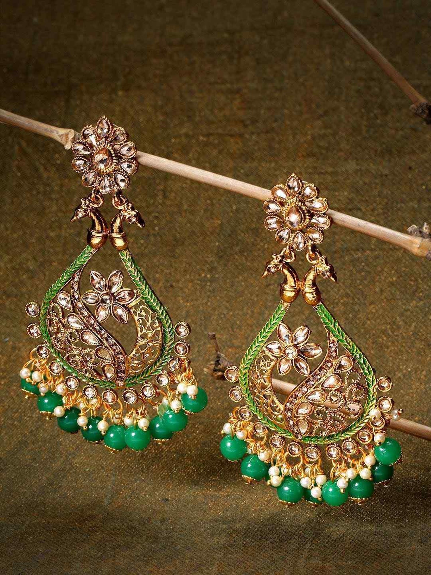 Priyaasi Peacock Green & Golden Dangler Earrings