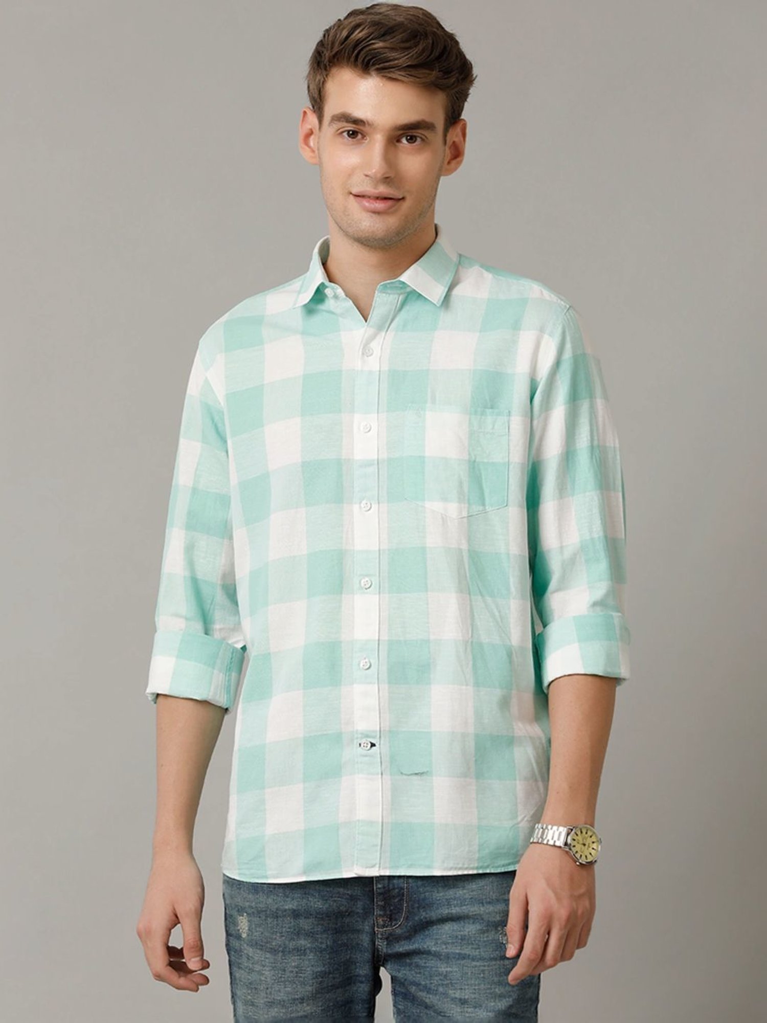 Cavallo By Linen Club Green Linen Contemporary Fit Checks Shirt