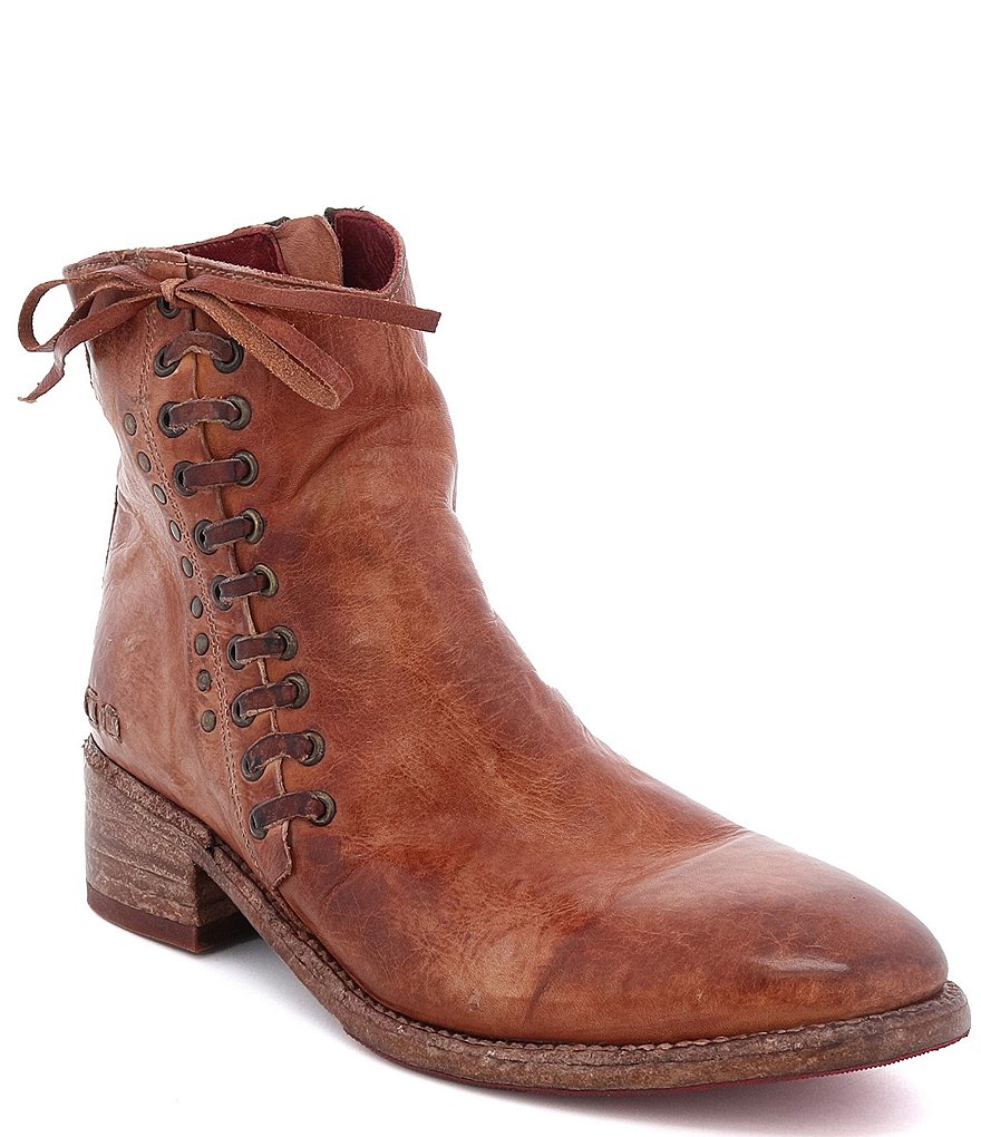 Bed Stu Aldina Leather Side Lace Up Block Heel Booties