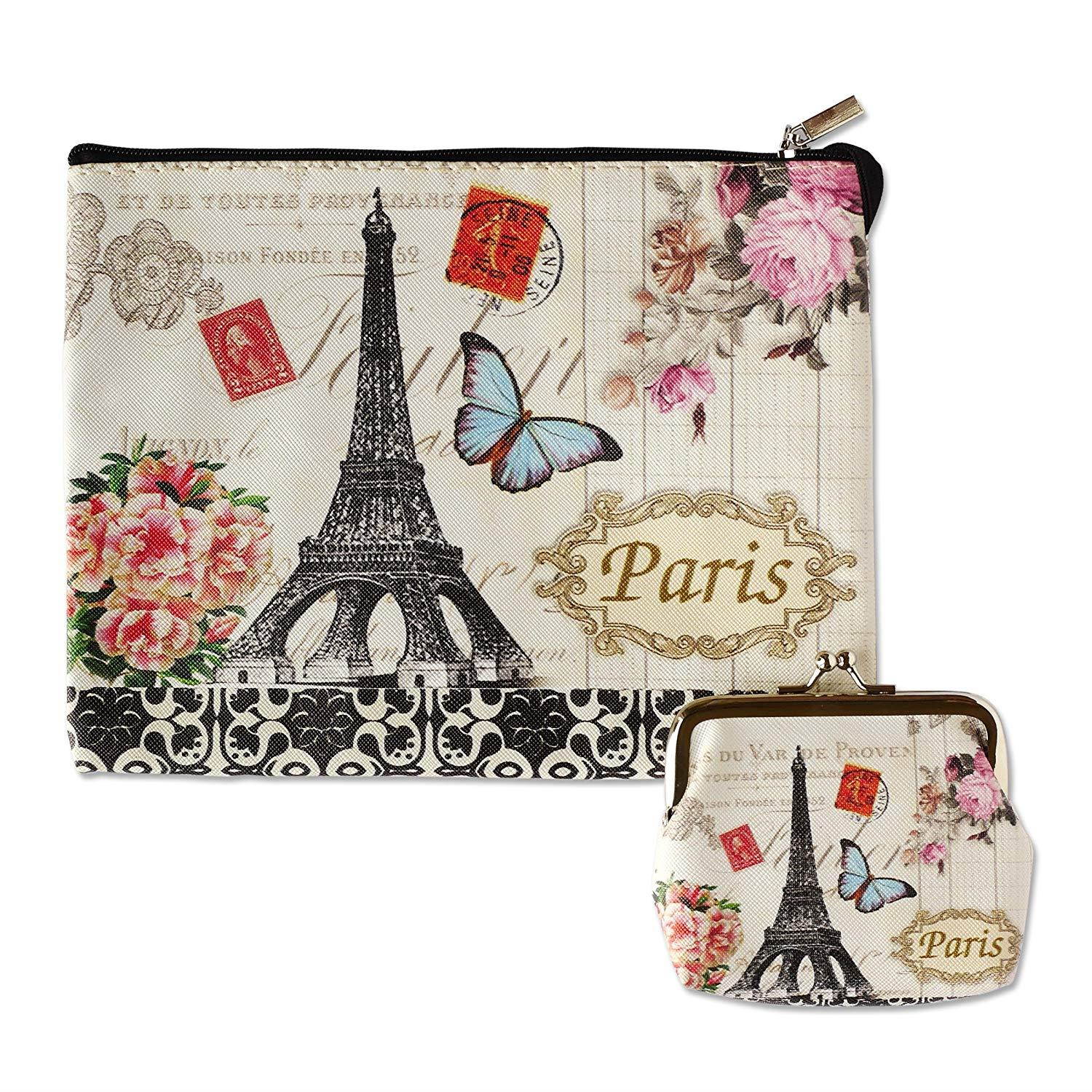 Digital Print Faux Leather Wallet Cosmetic Pouch and Coin Purse - 2pcs set -ButterFly Paris