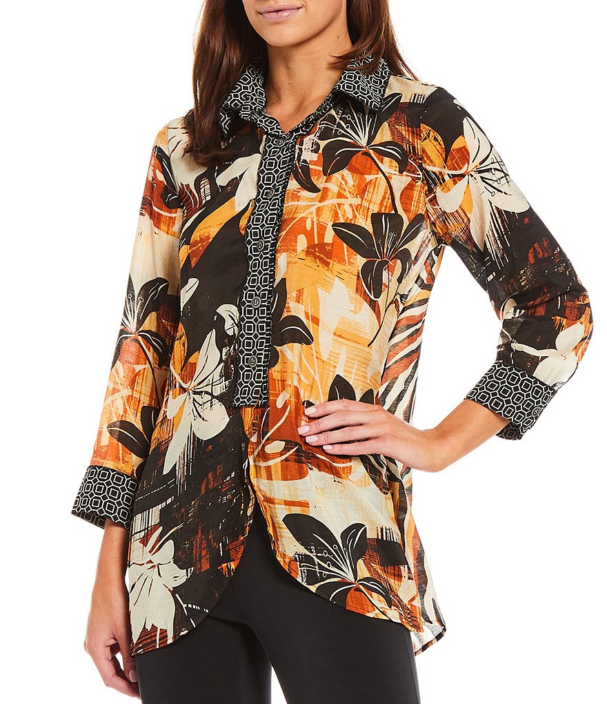 Multiples Floral & Geo Border Print 3/4 Sleeve Point Collar Button Down Hi-Low Hem Shirt