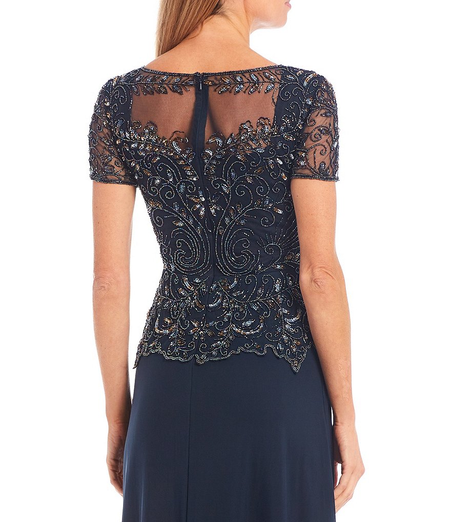 Pisarro Nights Petite Size Beaded Bodice Illusion Boat Neck Short Sleeve Gown