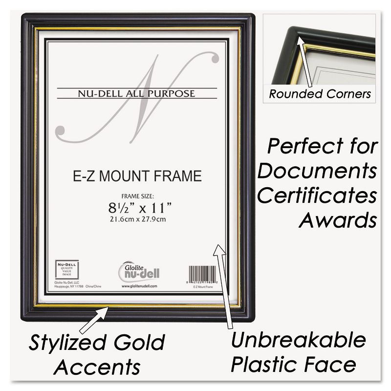 Nudell EZ Mount Document Frame with Trim Accent Plastic 8-1/2 x 11 Black/Gold 11880